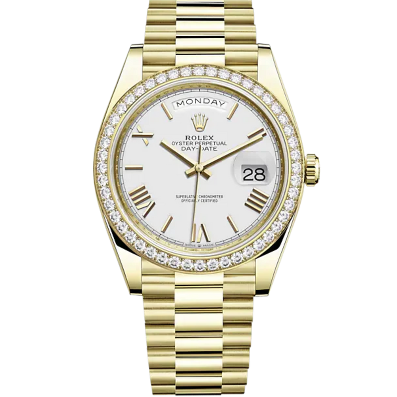 Rolex Day Date Ref. 228348RBR Yellow Gold White Roman Dial Diamond Bezel - Rolex