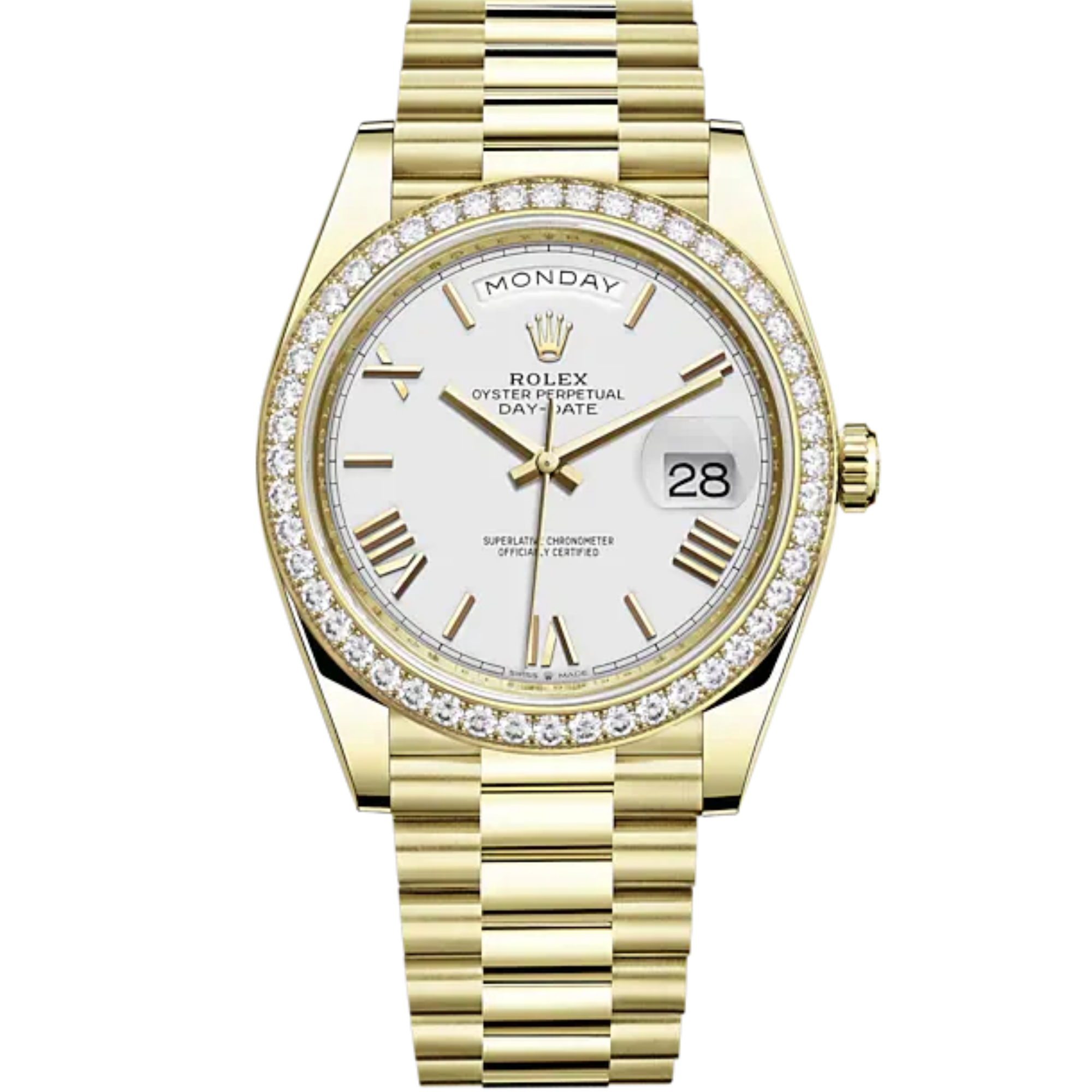 Day-Date 40 40mm President Bracelet and 18 KT Yellow Gold with White Dial and Diamond-Set Bezel - Rolex