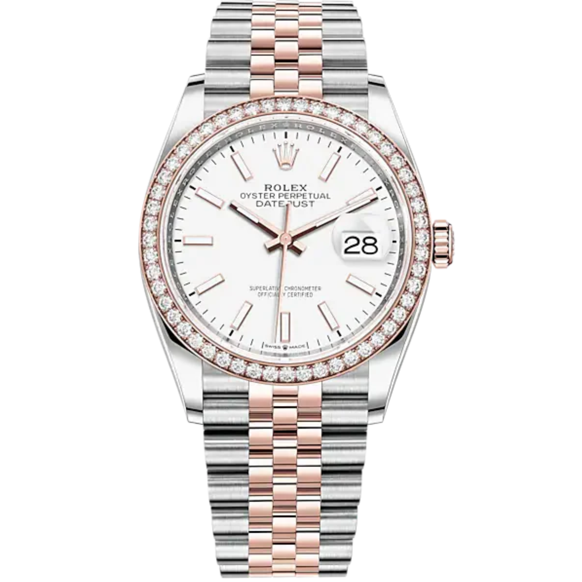 Datejust 36 36mm Oystersteel Jubilee Bracelet and Everose Gold with White Dial Diamond-Set Bezel - Rolex