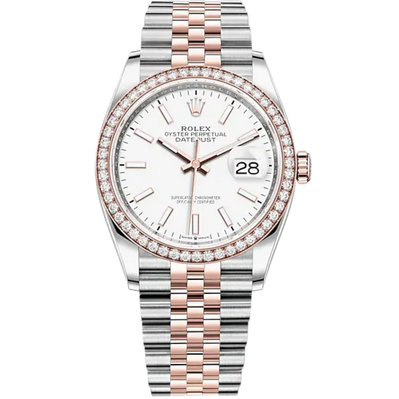 Datejust 36 36mm Oystersteel Jubilee Bracelet and Everose Gold with White Dial Diamond-Set Bezel - Rolex