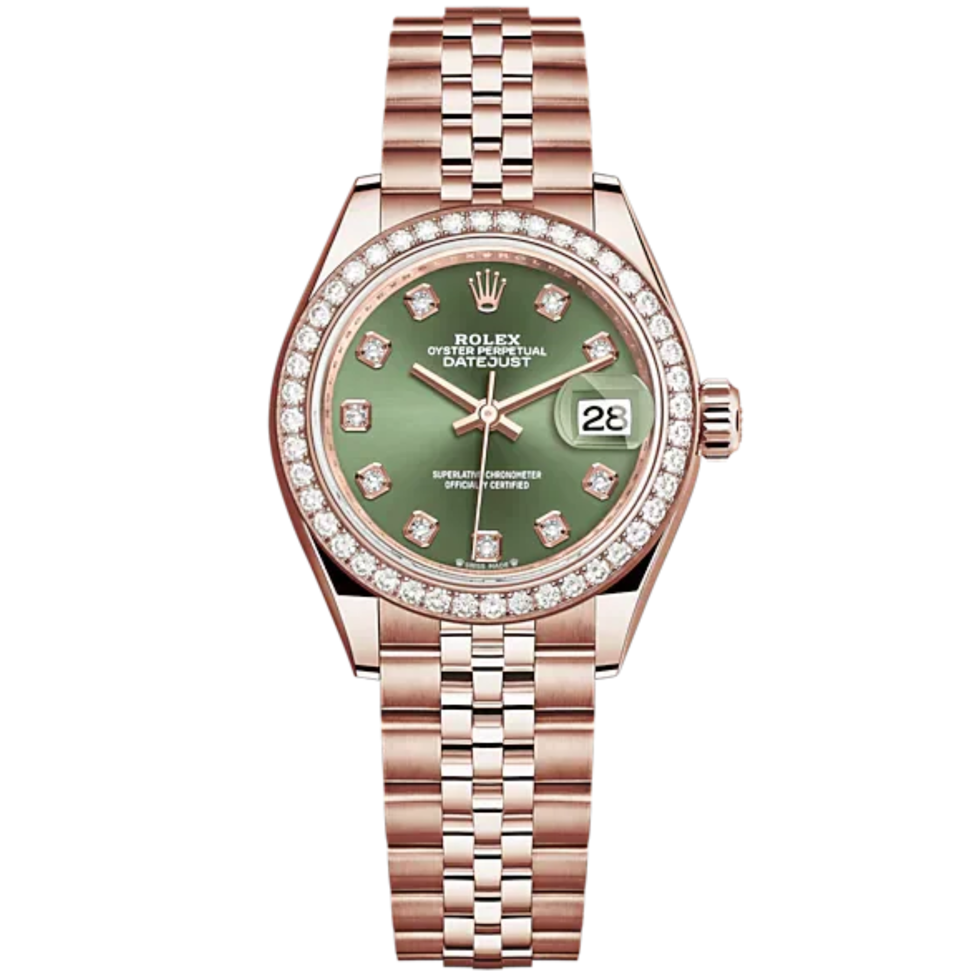 Lady-DateJust 28mm Jubilee Bracelet and 18 KT Everose Gold with Olive-Green Dial Diamond-Set Dial Diamond-Set Bezel - Rolex