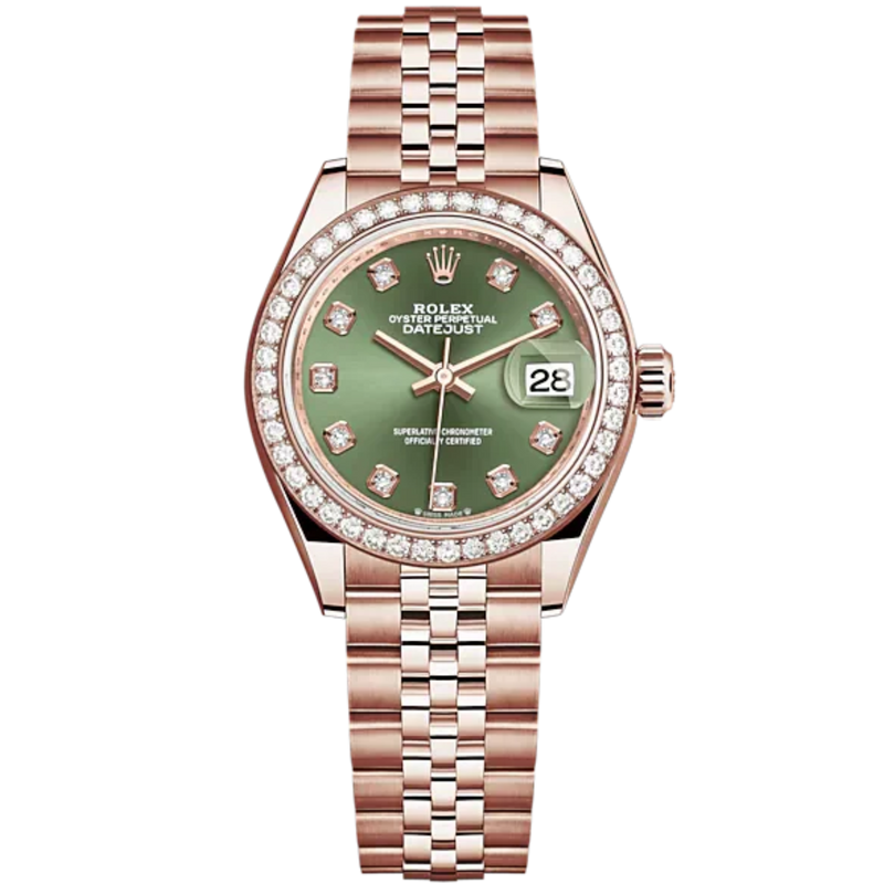 Lady-DateJust 28mm Jubilee Bracelet and 18 KT Everose Gold with Olive-Green Dial Diamond-Set Dial Diamond-Set Bezel - Rolex