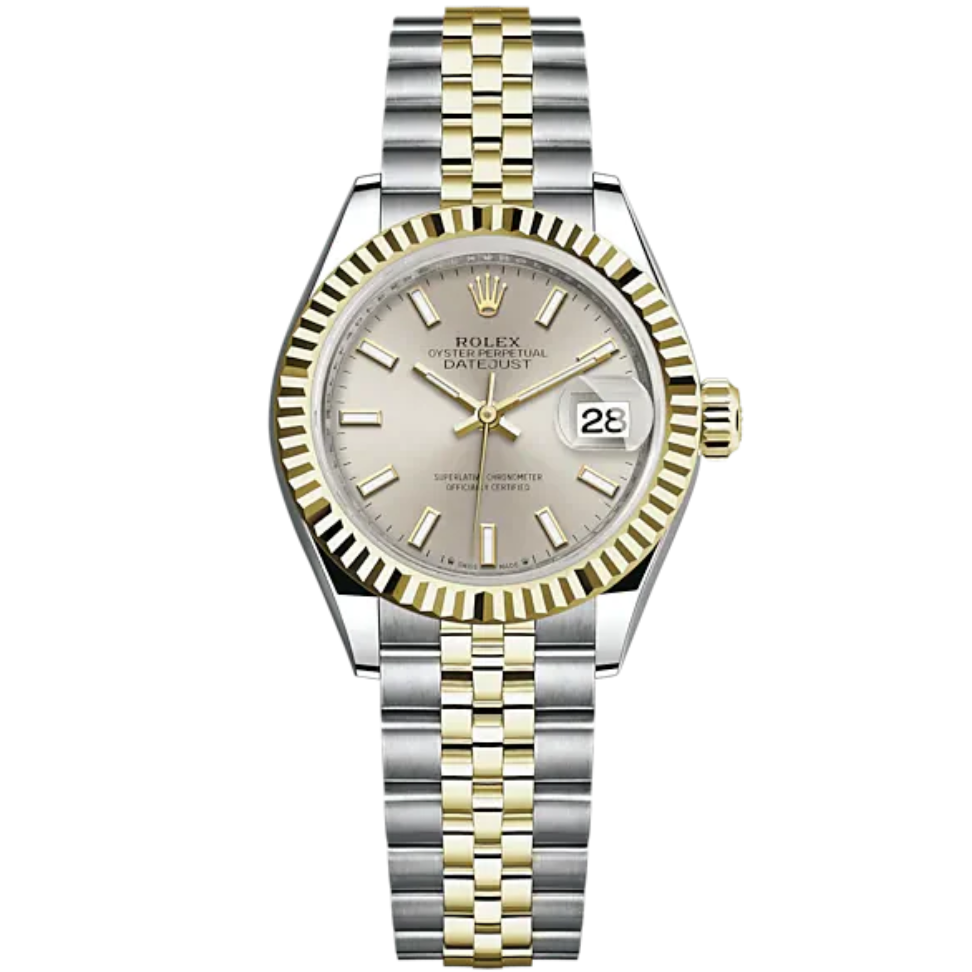 Lady-DateJust 28mm Oystersteel Jubilee Bracelet and Yellow Gold with Silver Dial Fluted Bezel - Rolex