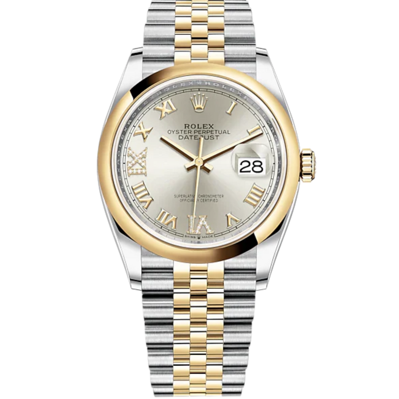 Datejust 36 36mm Oystersteel Jubilee Bracelet and Yellow Gold with Silver Diamond-Set Dial Domed Bezel - Rolex