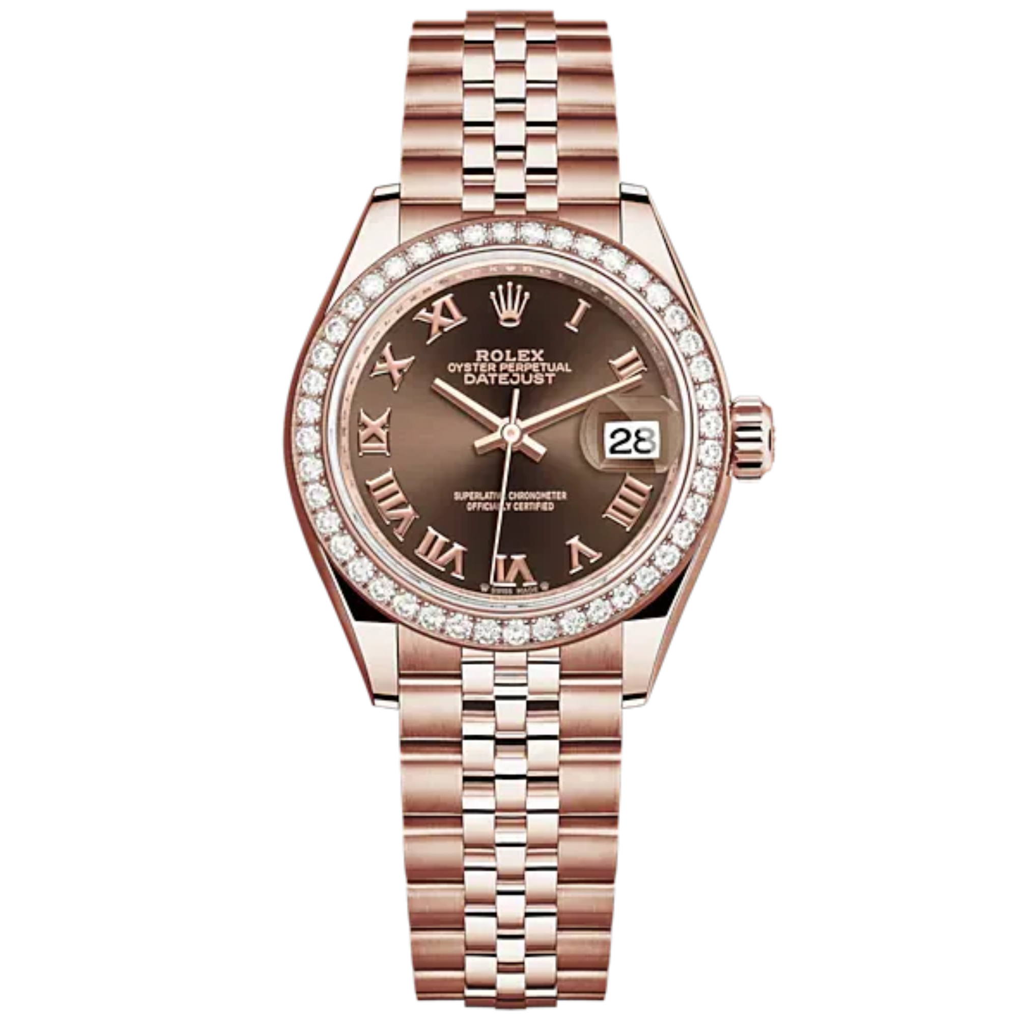 Lady-DateJust 28mm Jubilee Bracelet and 18 KT Everose Gold with Chocolate Dial Diamond-Set Bezel - Rolex