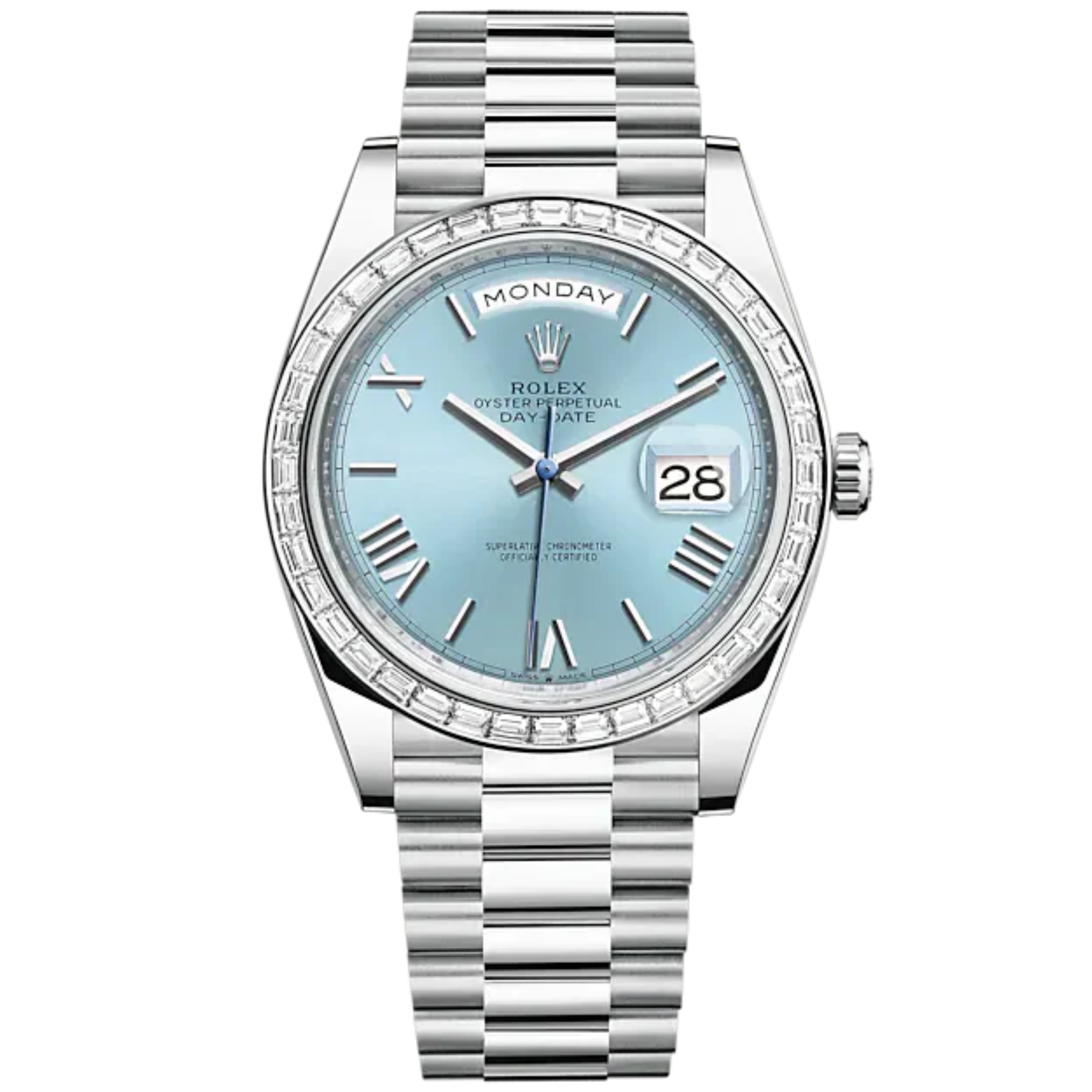 Day-Date 40 40mm President Bracelet and Platinum with Ice-Blue Dial and Diamond-Set Bezel - Rolex