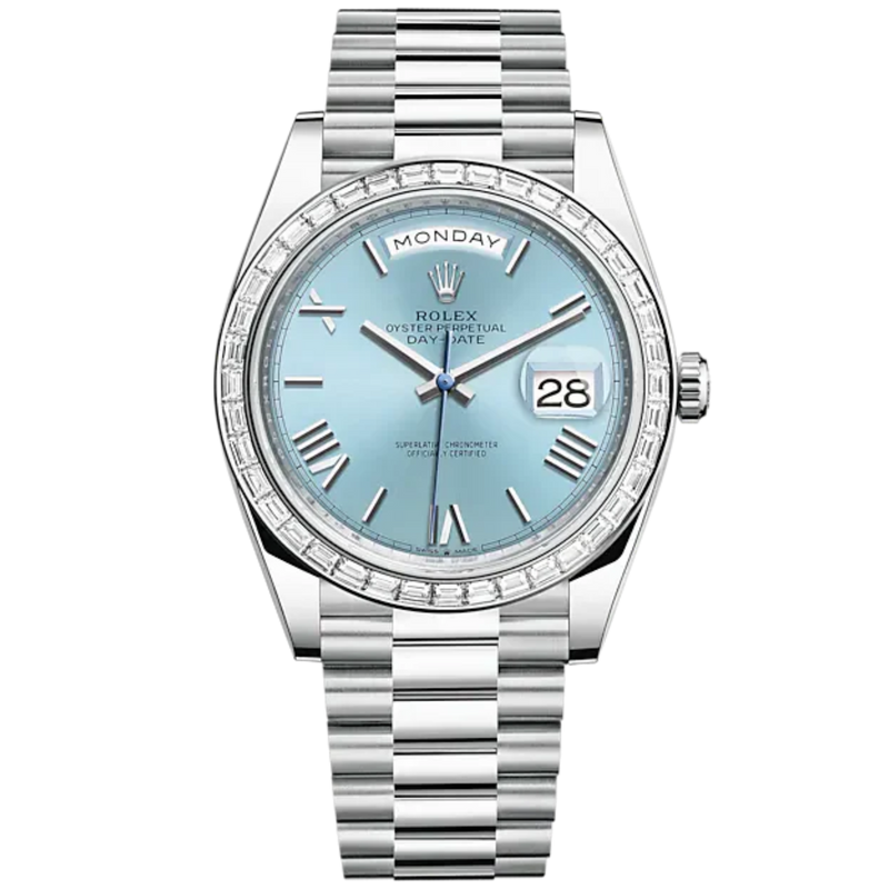 Day-Date 40 40mm President Bracelet and Platinum with Ice-Blue Dial and Diamond-Set Bezel - Rolex