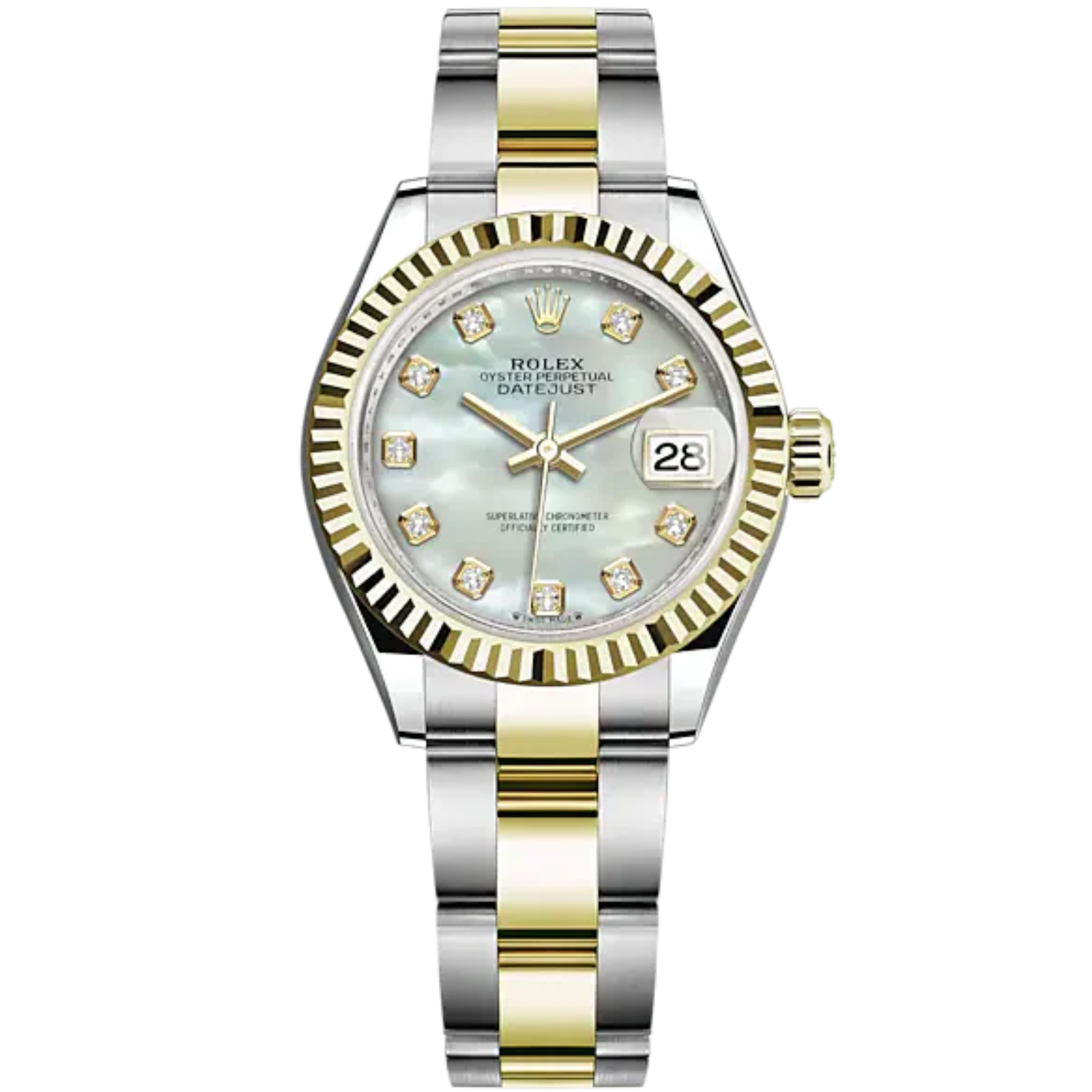 Lady-DateJust 28mm Oyster Oystersteel Bracelet and Yellow Gold with White Mother-of-Pearl Dial Diamond-Set Dial Fluted Bezel - Rolex