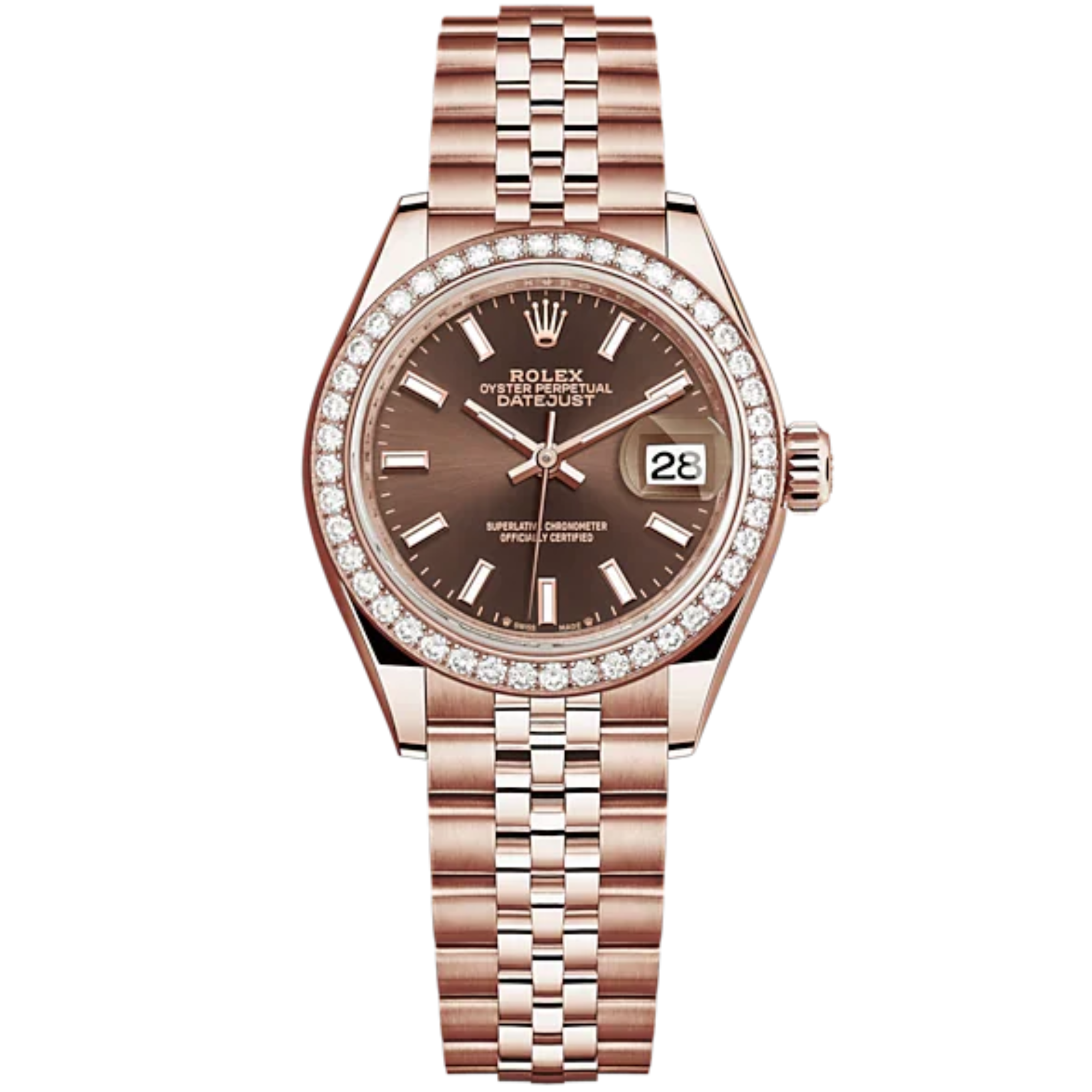 Lady-DateJust 28mm Jubilee Bracelet and 18 KT Everose Gold with Chocolate Dial Diamond-Set Bezel - Rolex