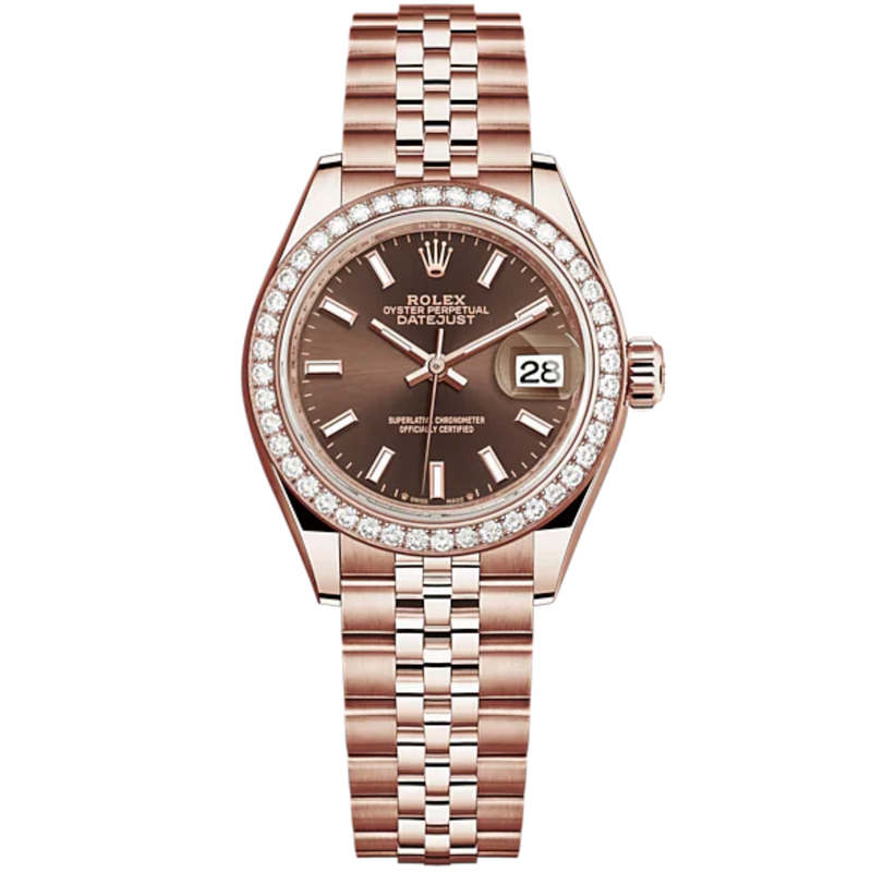 Lady-DateJust 28mm Jubilee Bracelet and 18 KT Everose Gold with Chocolate Dial Diamond-Set Bezel - Rolex