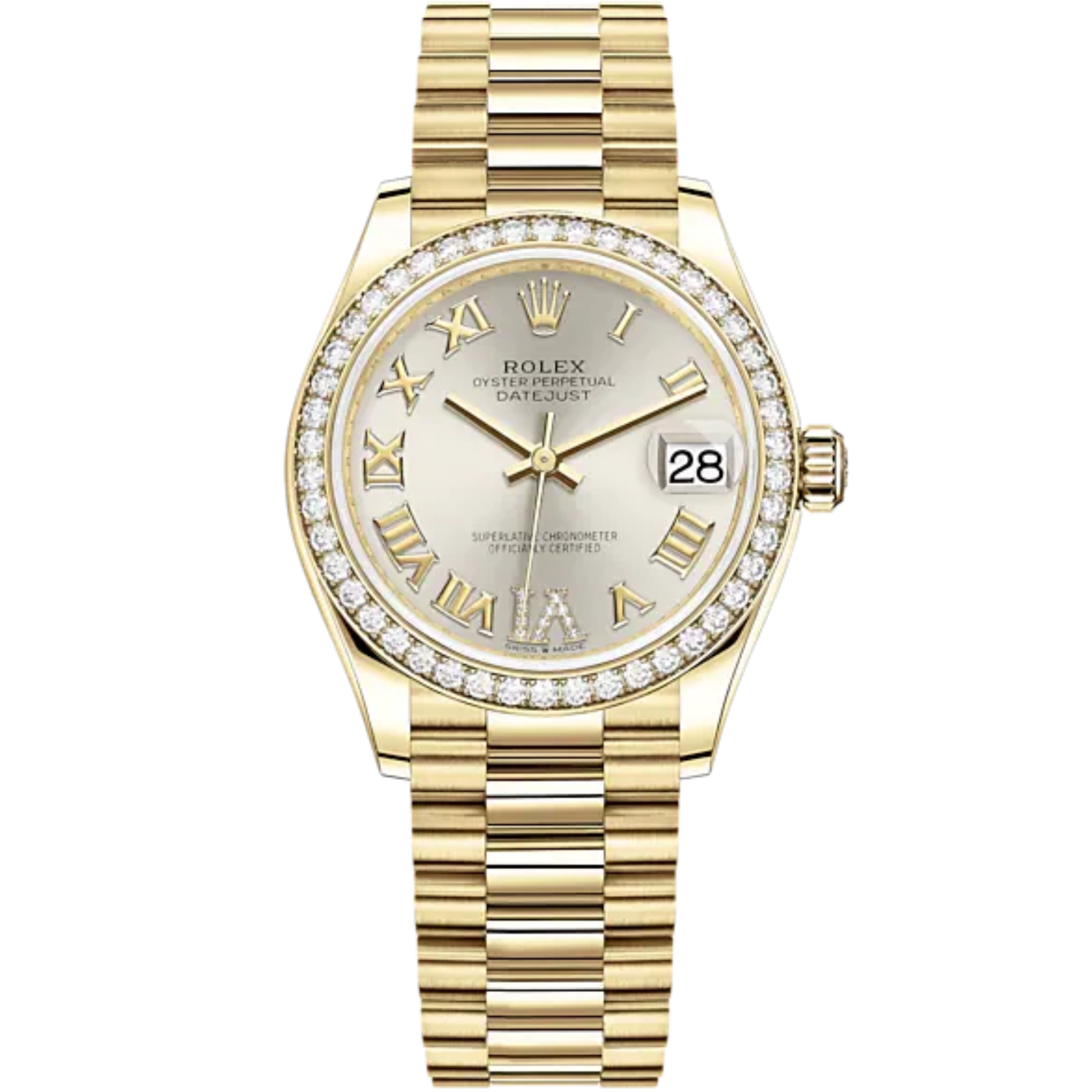 Datejust 31 31mm President Bracelet and 18 CT Yellow Gold with Silver Diamond Dial Diamond-Set Bezel - Rolex