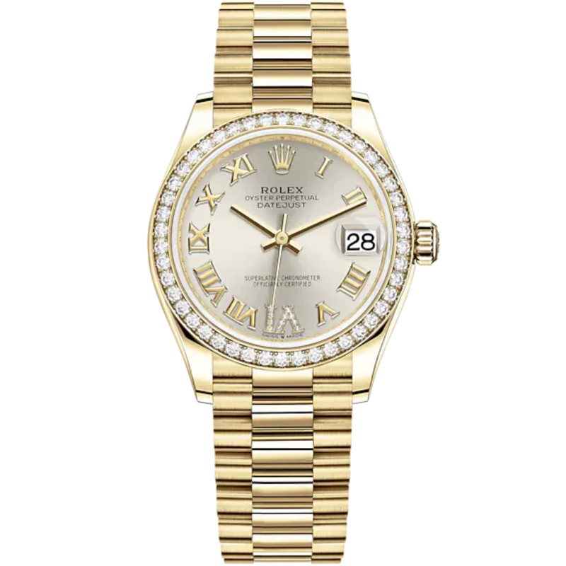 Datejust 31 31mm President Bracelet and 18 CT Yellow Gold with Silver Diamond Dial Diamond-Set Bezel - Rolex