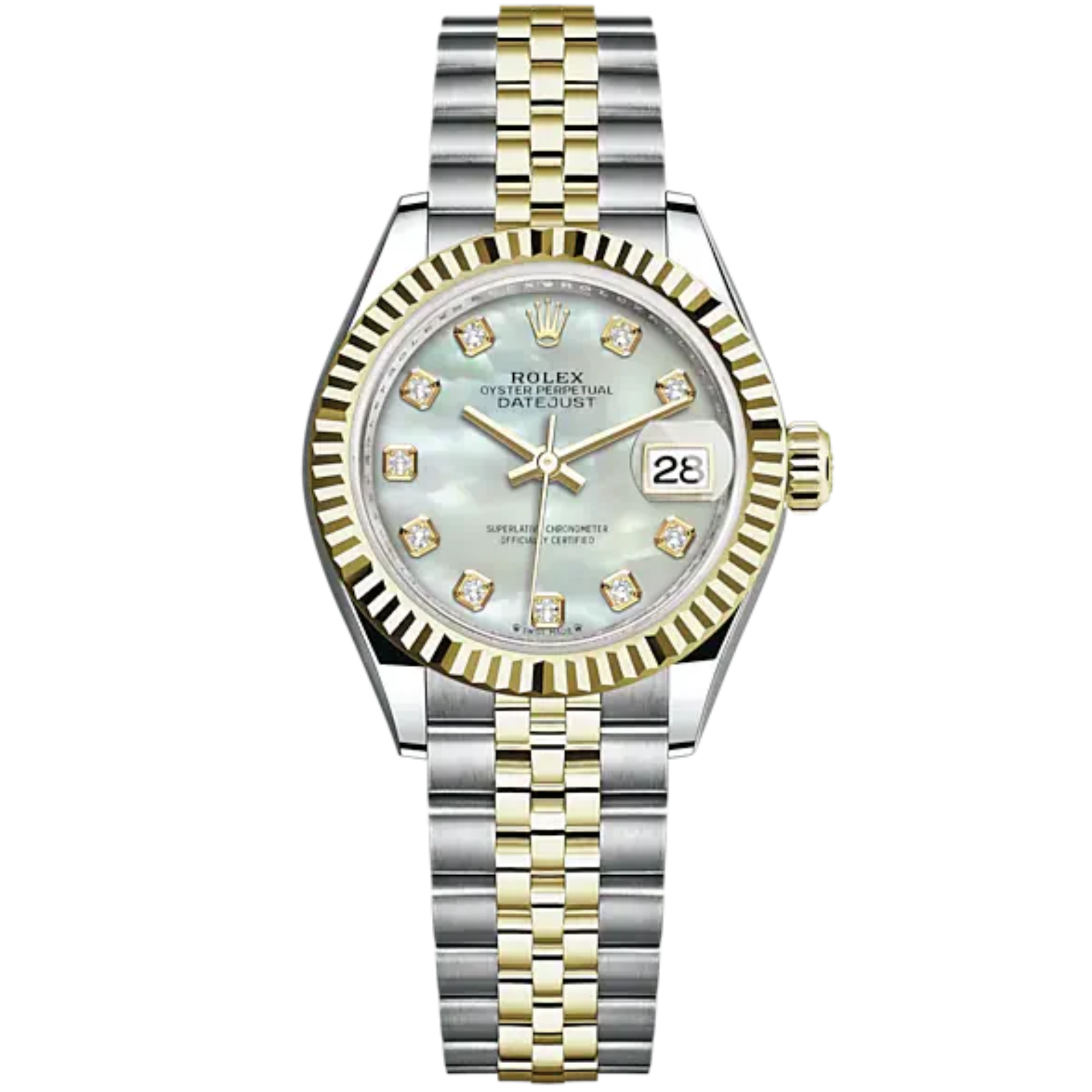 Lady-DateJust 28mm Oystersteel Jubilee Bracelet and Yellow Gold with White Mother-of-Pearl Dial Diamond-Set Dial Fluted Bezel - Rolex
