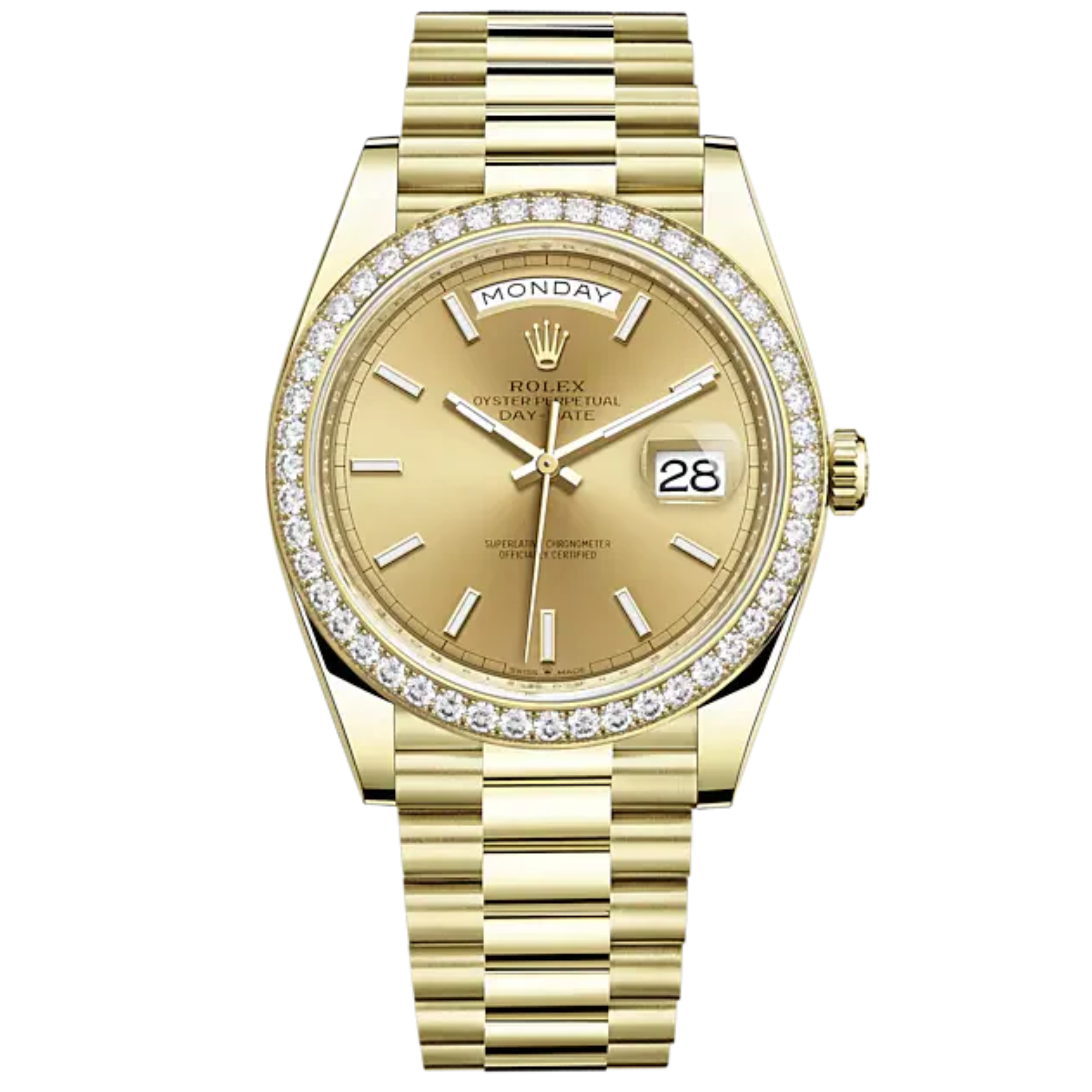 Day-Date 40 40mm President Bracelet and 18 KT Yellow Gold with Champagne-Colour Dial and Diamond-Set Bezel - Rolex