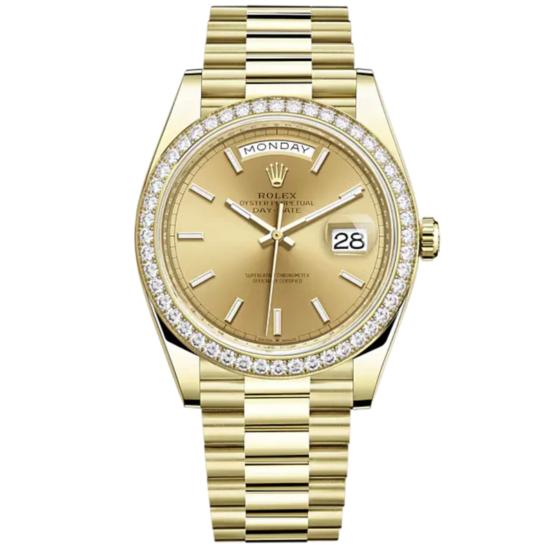 Day-Date 40 40mm President Bracelet and 18 KT Yellow Gold with Champagne-Colour Dial and Diamond-Set Bezel - Rolex