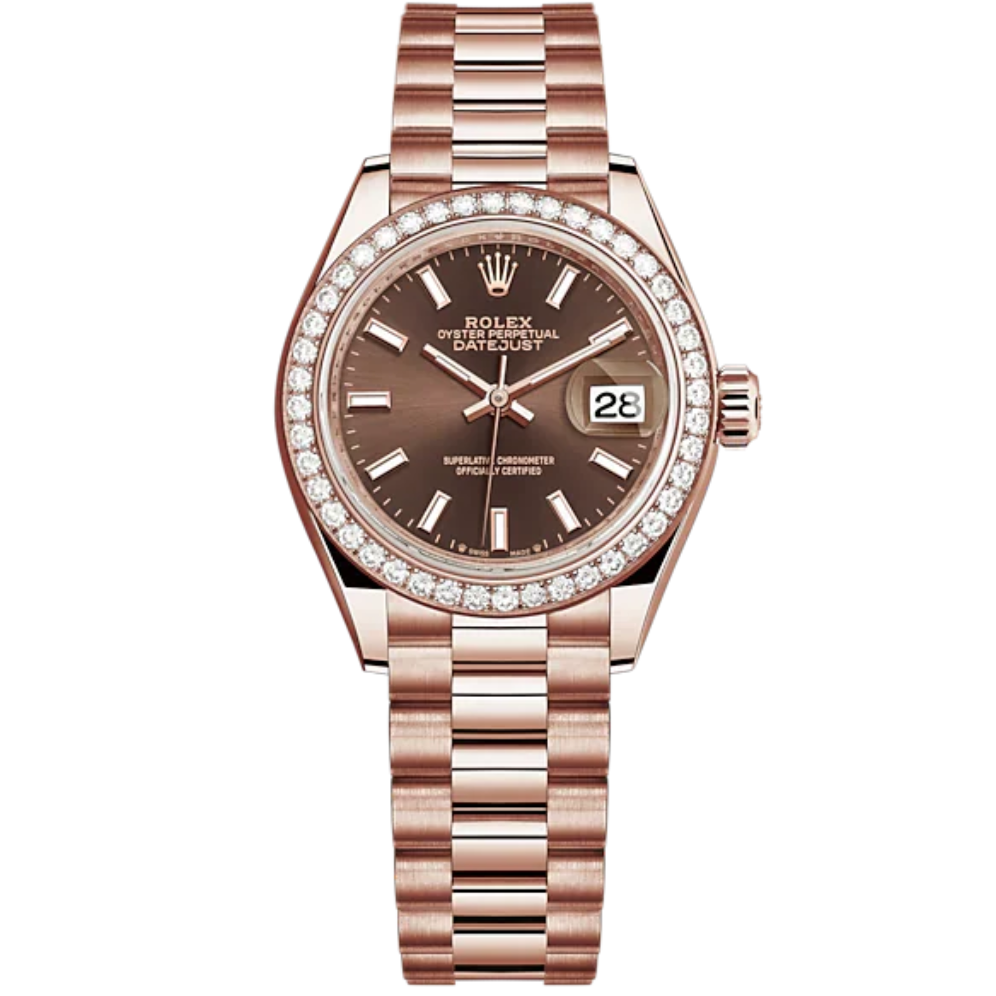 Lady-DateJust 28mm President Bracelet and 18 KT Everose Gold with Chocolate Dial Diamond-Set Bezel - Rolex
