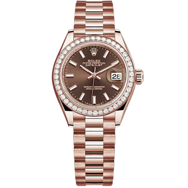 Lady-DateJust 28mm President Bracelet and 18 KT Everose Gold with Chocolate Dial Diamond-Set Bezel - Rolex