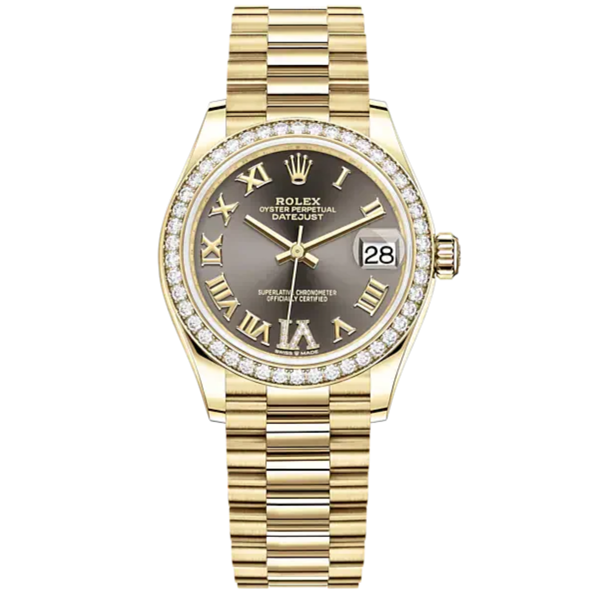Datejust 31 31mm President Bracelet and 18 CT Yellow Gold with Dark Grey Diamond Dial Diamond-Set Bezel - Rolex