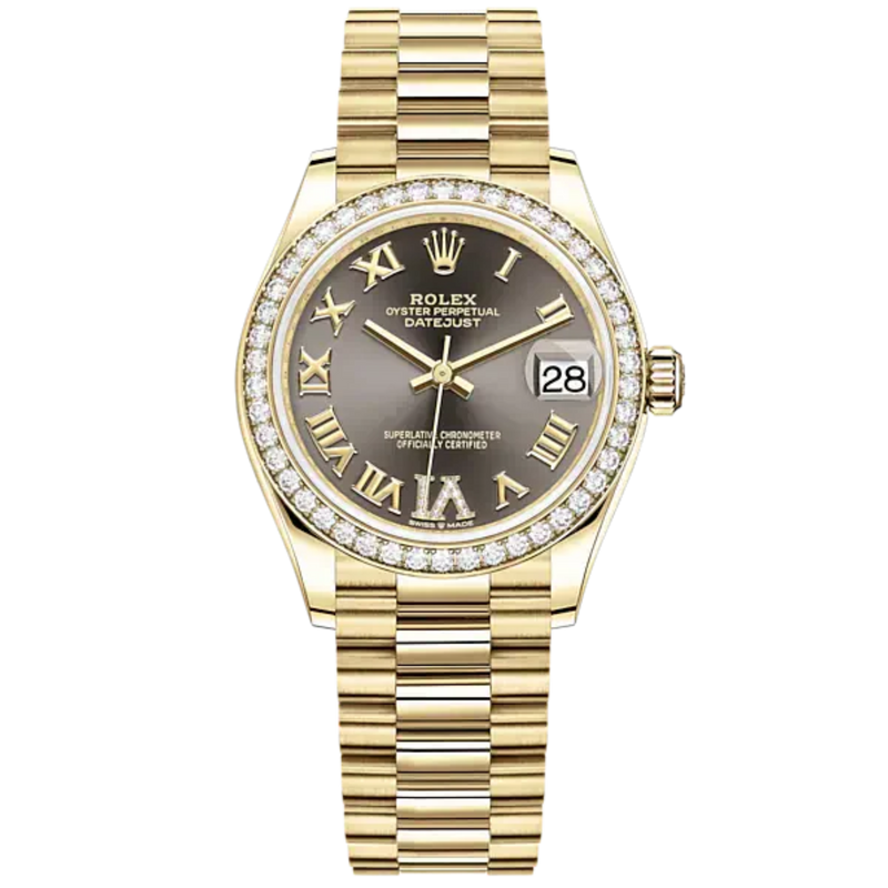 Datejust 31 31mm President Bracelet and 18 CT Yellow Gold with Dark Grey Diamond Dial Diamond-Set Bezel - Rolex