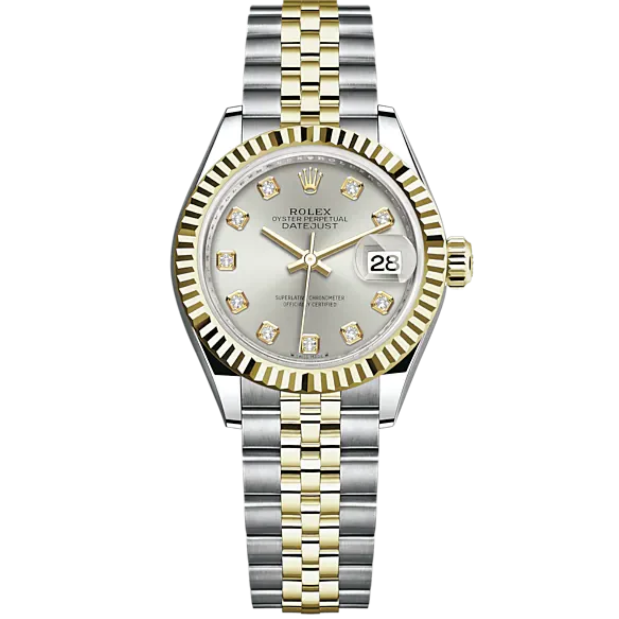 Lady-DateJust 28mm Oystersteel Jubilee Bracelet and Yellow Gold with Silver Dial Diamond-Set Dial Fluted Bezel - Rolex