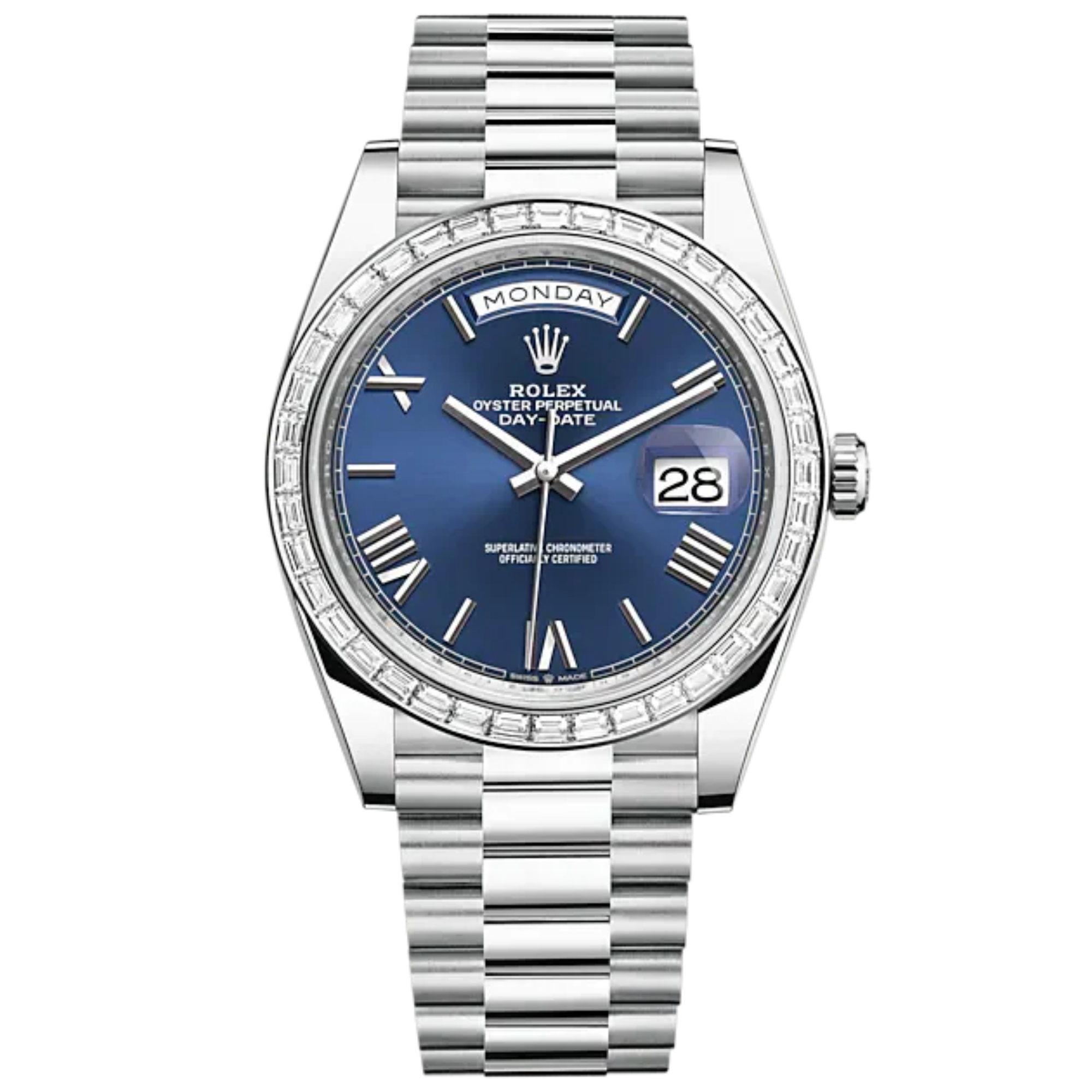 Day-Date 40 40mm President Bracelet and Platinum with Bright Blue Dial and Diamond-Set Bezel - Rolex