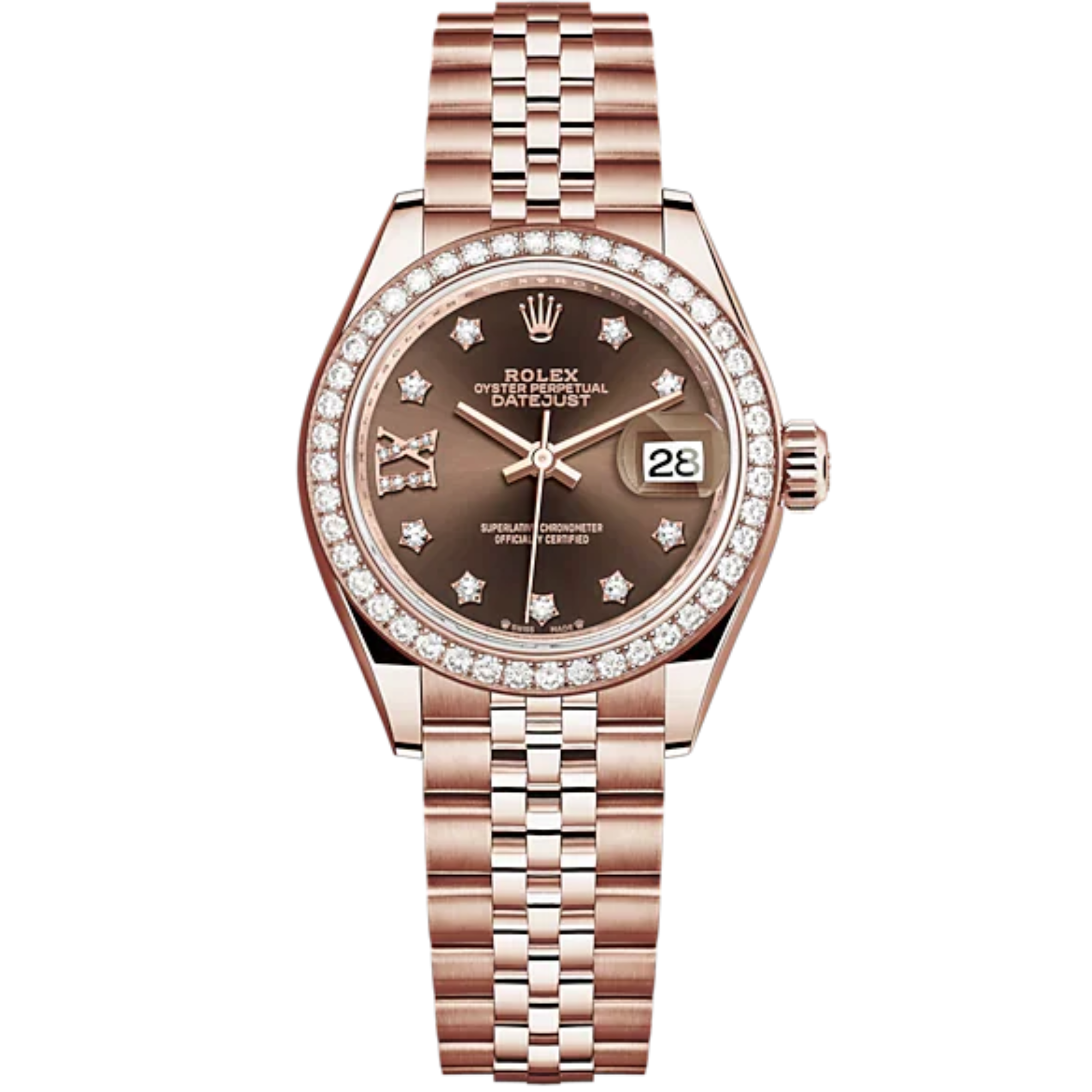 Lady-DateJust 28mm Jubilee Bracelet and 18 KT Everose Gold with Chocolate Dial Diamond-Set Dial Diamond-Set Bezel - Rolex