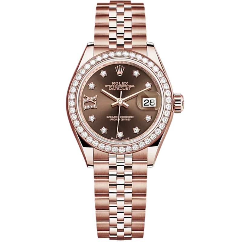 Lady-DateJust 28mm Jubilee Bracelet and 18 KT Everose Gold with Chocolate Dial Diamond-Set Dial Diamond-Set Bezel - Rolex