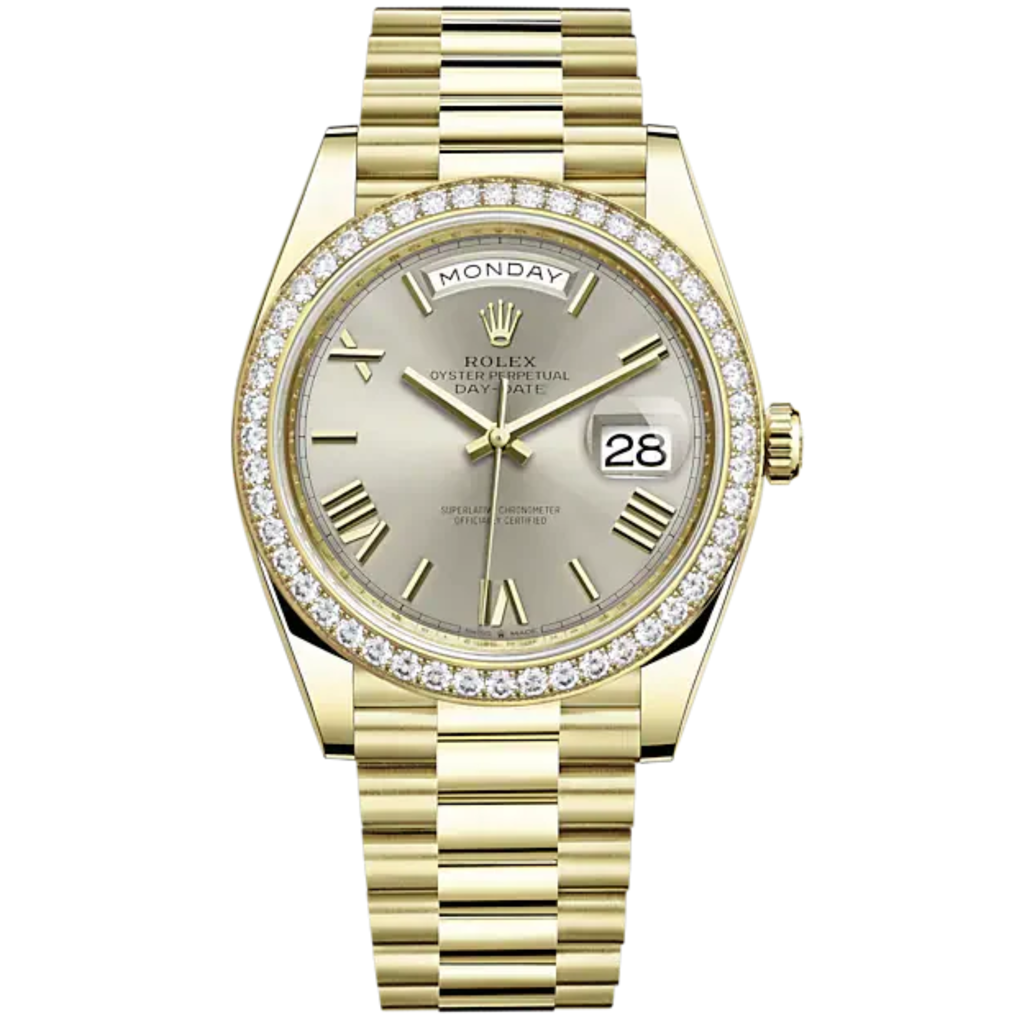 Day-Date 40 40mm President Bracelet and 18 KT Yellow Gold with Silver Dial and Diamond-Set Bezel - Rolex