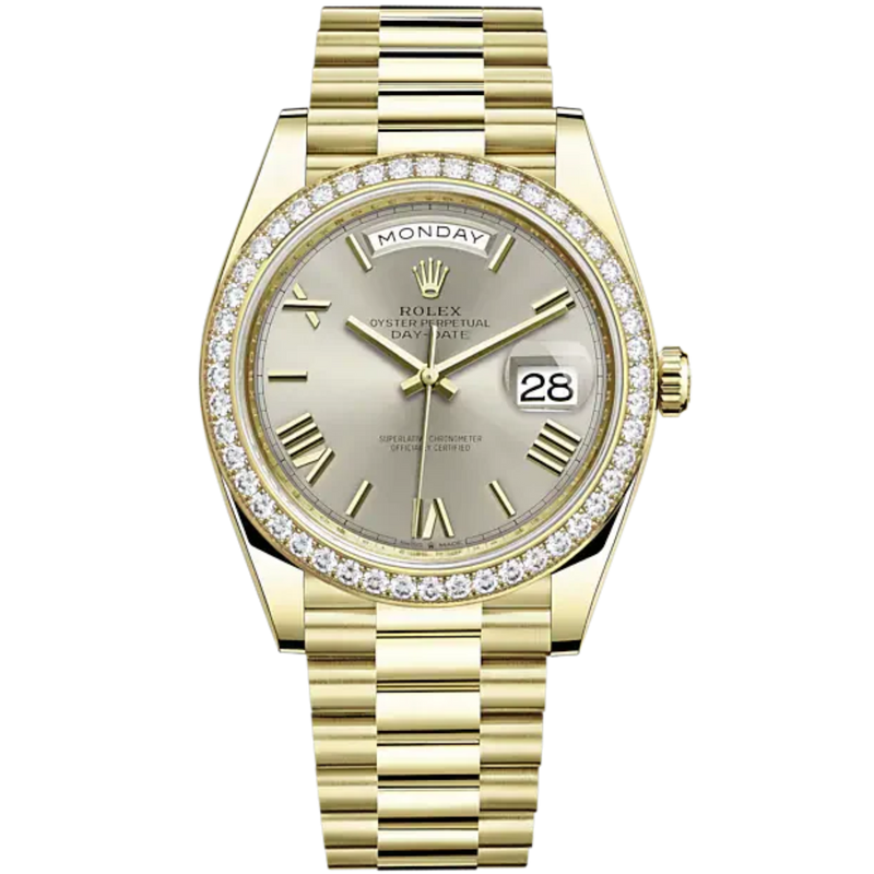 Day-Date 40 40mm President Bracelet and 18 KT Yellow Gold with Silver Dial and Diamond-Set Bezel - Rolex