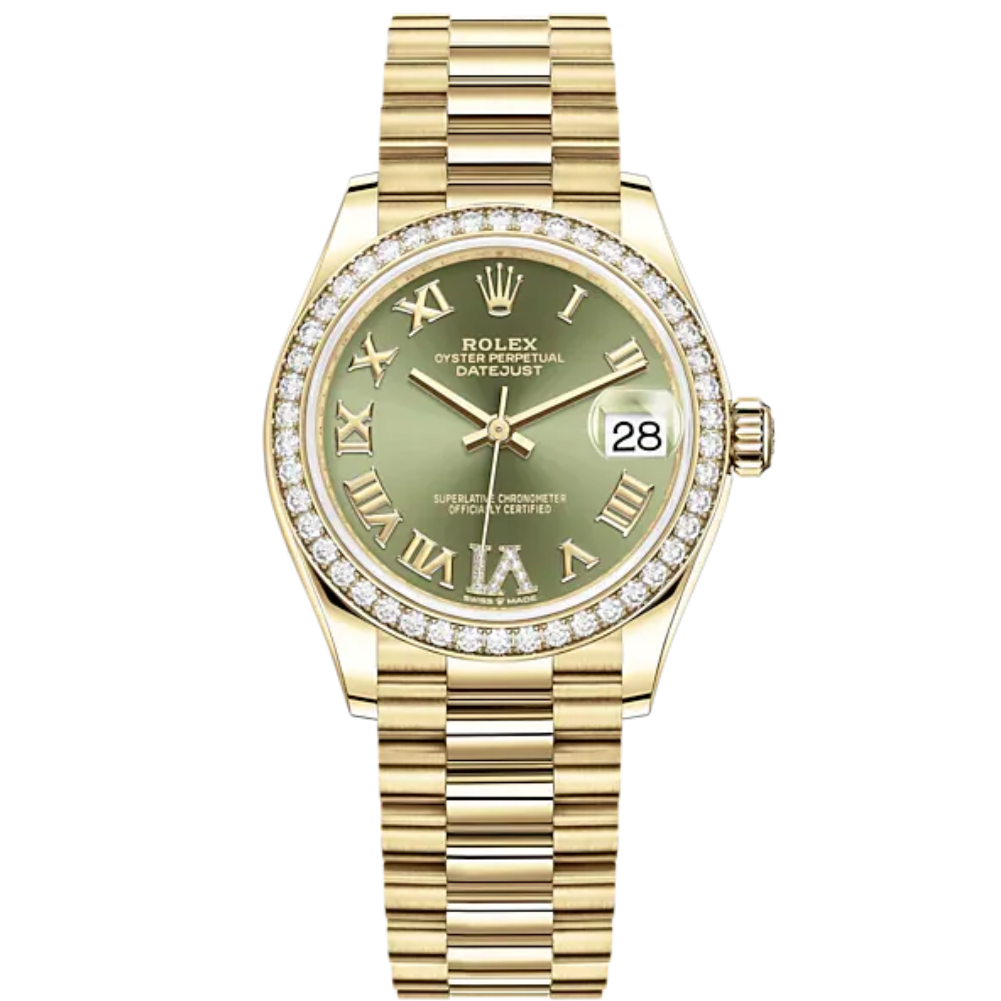 Datejust 31 31mm President Bracelet and 18 CT Yellow Gold with Olive-Green Diamond Dial Diamond-Set Bezel - Rolex