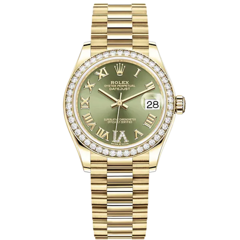 Datejust 31 31mm President Bracelet and 18 CT Yellow Gold with Olive-Green Diamond Dial Diamond-Set Bezel - Rolex
