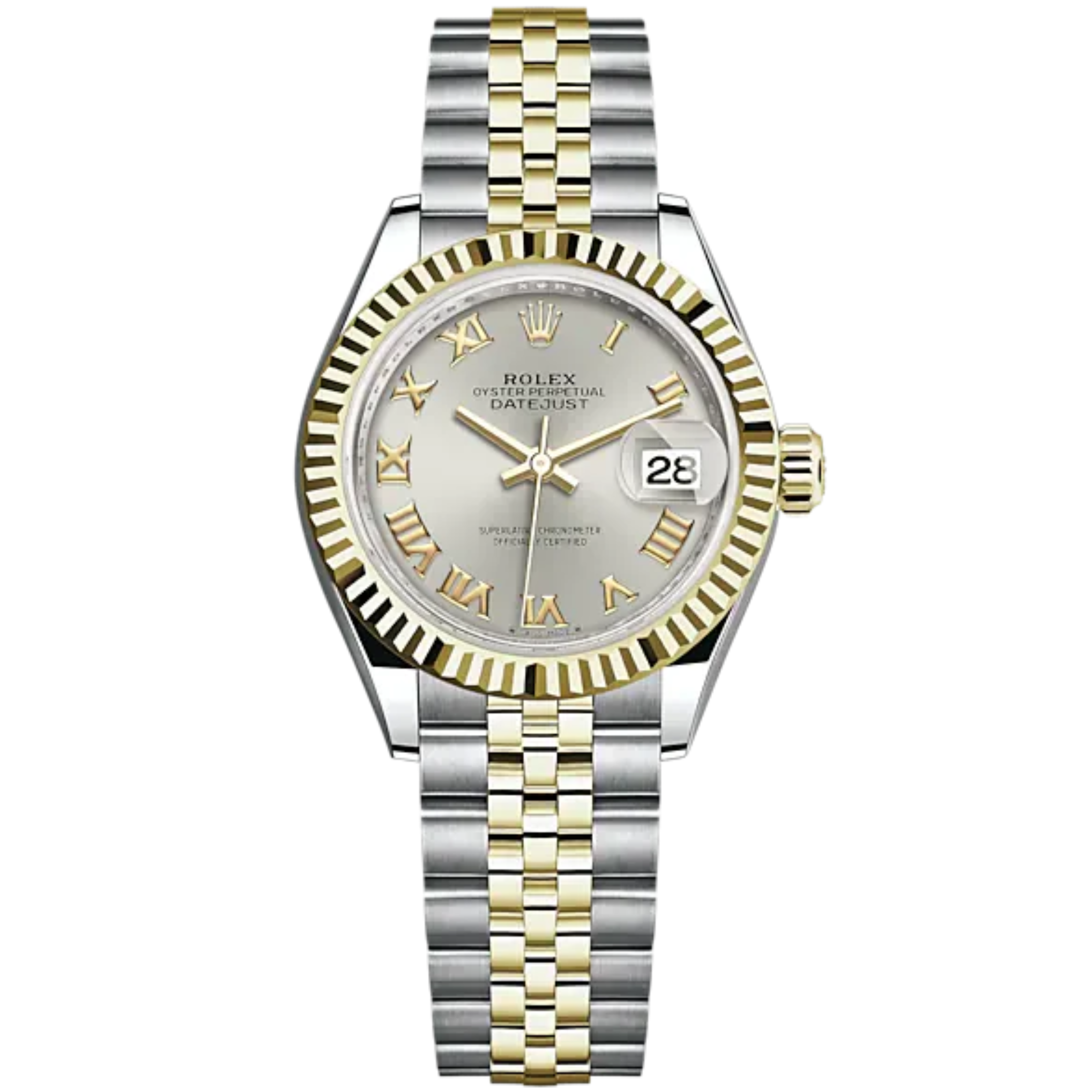Lady-DateJust 28mm Oystersteel Jubilee Bracelet and Yellow Gold with Silver Roman Dial Fluted Bezel - Rolex