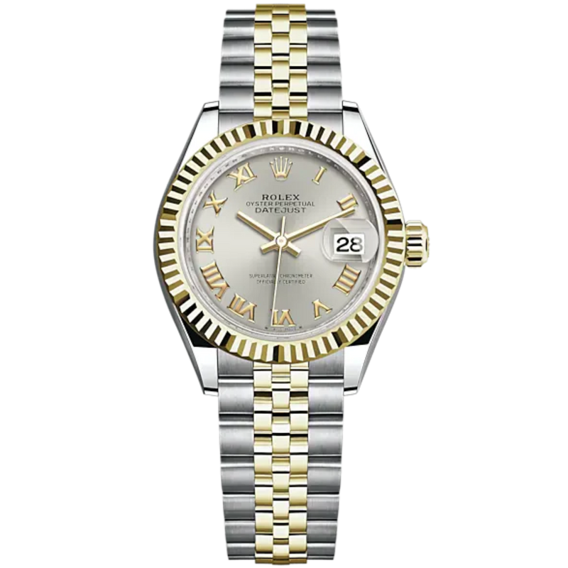 Lady-DateJust 28mm Oystersteel Jubilee Bracelet and Yellow Gold with Silver Roman Dial Fluted Bezel - Rolex