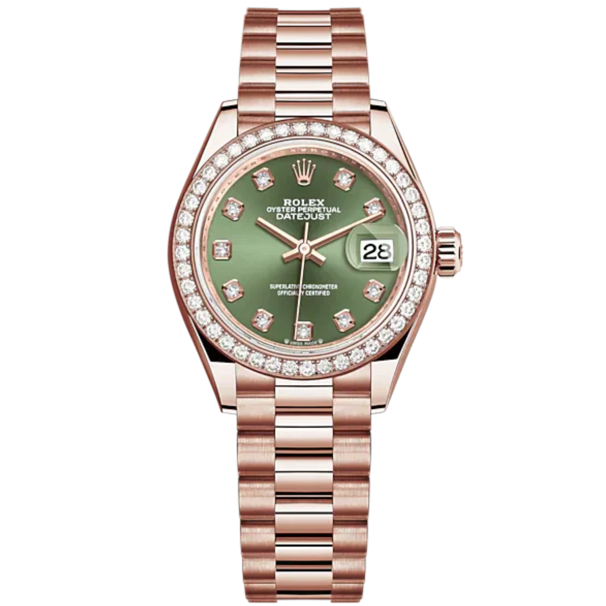 Lady-DateJust 28mm President Bracelet and 18 KT Everose Gold with Olive-Green Dial Diamond-Set Dial Diamond-Set Bezel - Rolex