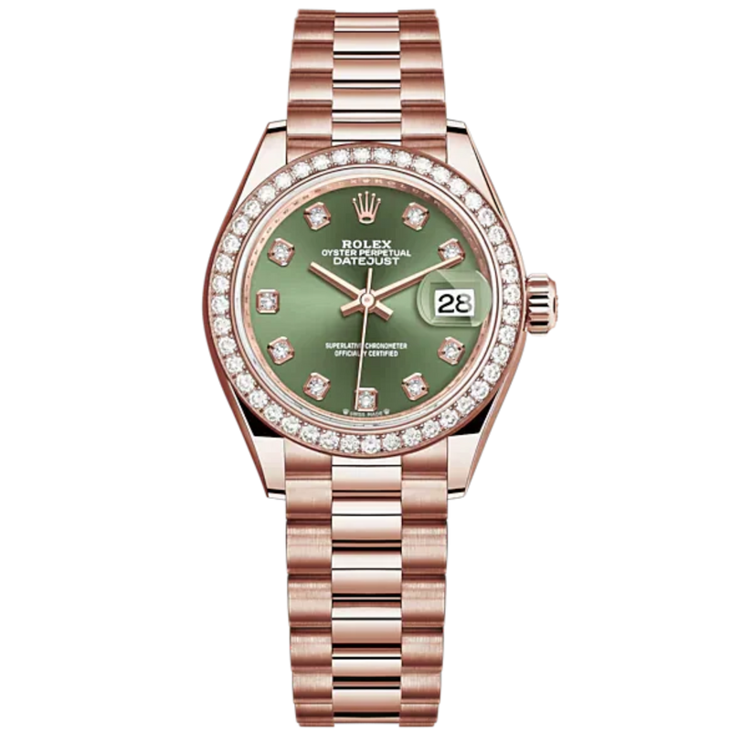 Lady-DateJust 28mm President Bracelet and 18 KT Everose Gold with Olive-Green Dial Diamond-Set Dial Diamond-Set Bezel - Rolex