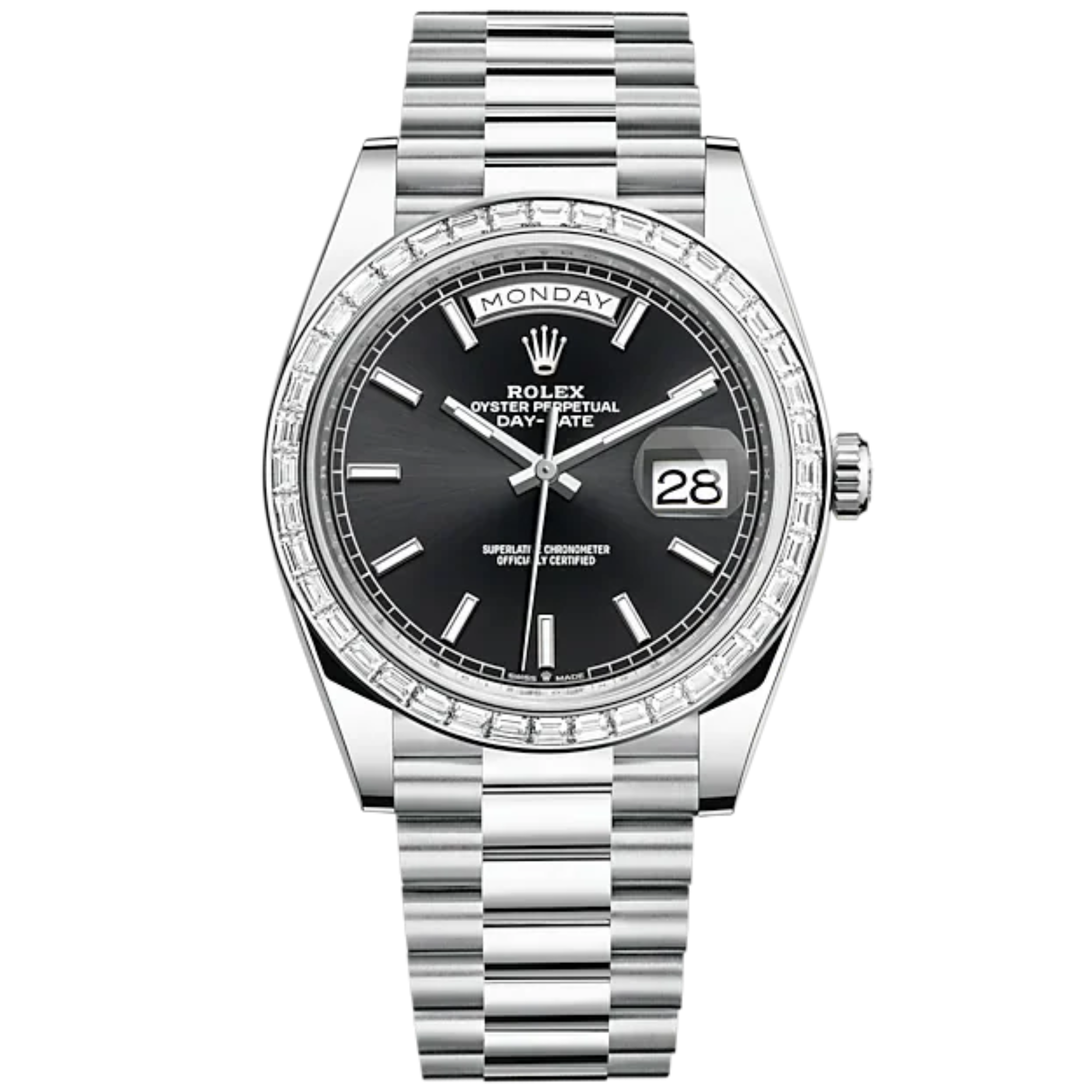 Day-Date 40 40mm President Bracelet and Platinum with Bright Black Dial and Diamond-Set Bezel - Rolex