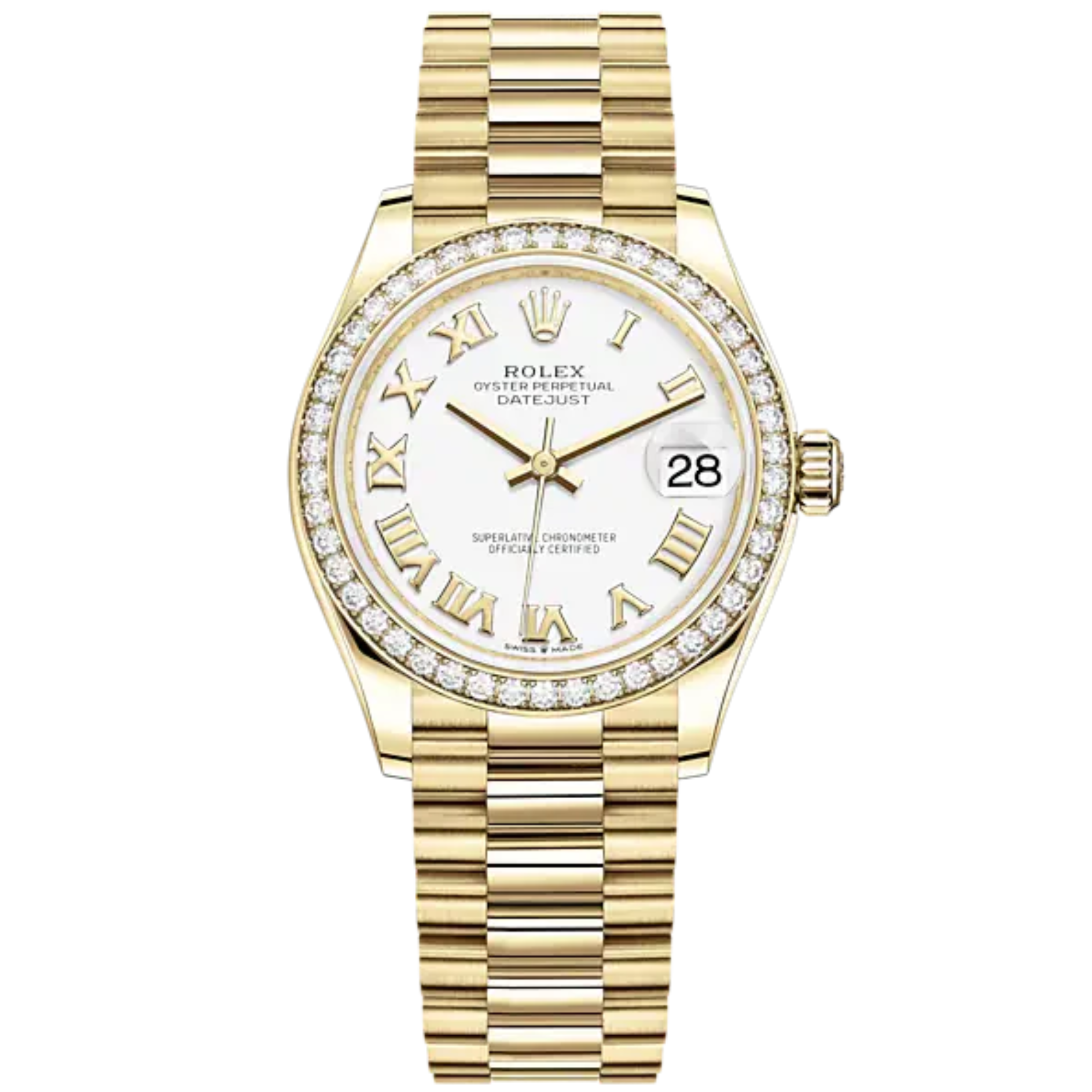 Datejust 31 31mm President Bracelet and 18 CT Yellow Gold with White Dial Diamond-Set Bezel - Rolex