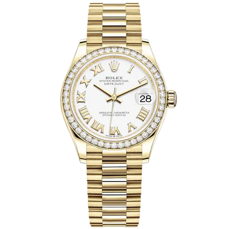 Datejust 31 31mm President Bracelet and 18 CT Yellow Gold with White Dial Diamond-Set Bezel - Rolex