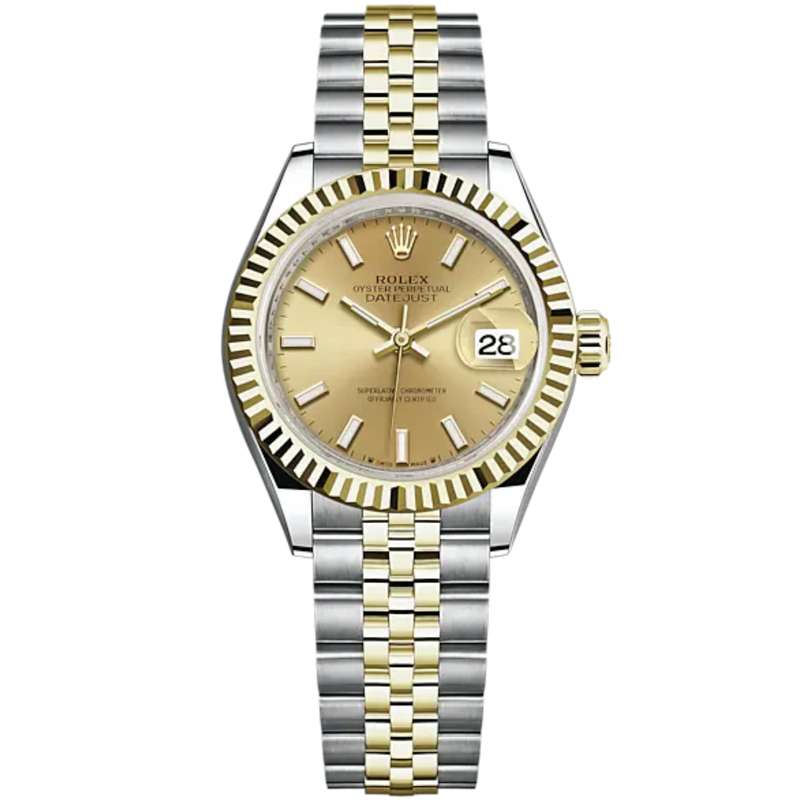 Lady-DateJust 28mm Oystersteel Jubilee Bracelet and Yellow Gold with Champagne-Colour Dial Fluted Bezel - Rolex