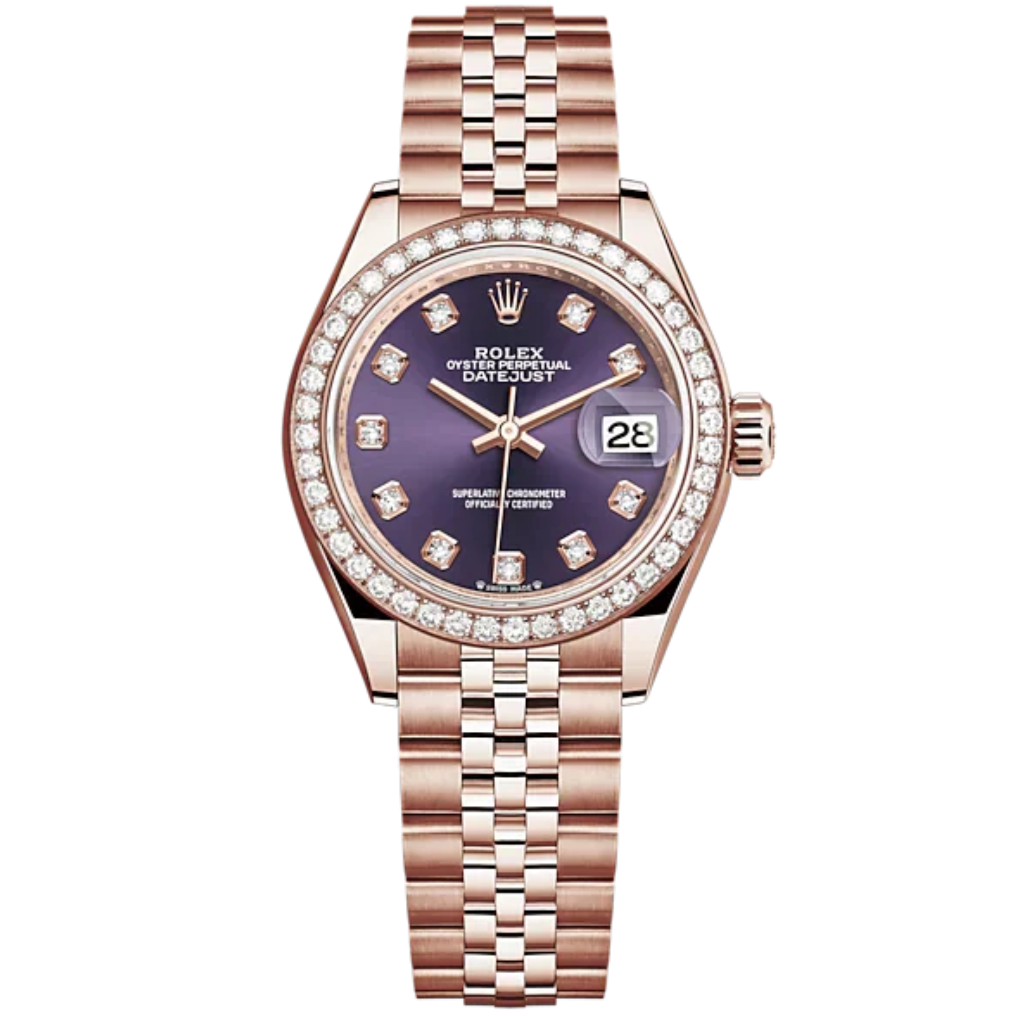 Lady-DateJust 28mm Jubilee Bracelet and 18 KT Everose Gold with Aubergine Dial Diamond-Set Dial Diamond-Set Bezel - Rolex