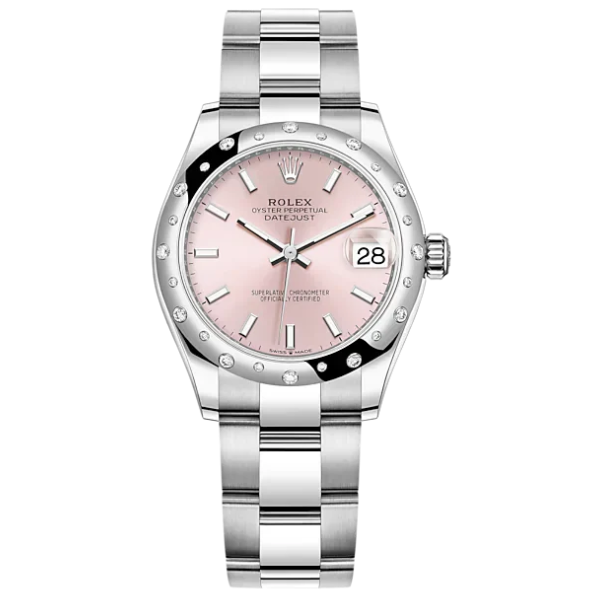 Datejust 31 31mm Oyster Bracelet Oystersteel and White Gold with Pink Dial Diamond-Set Bezel - Rolex