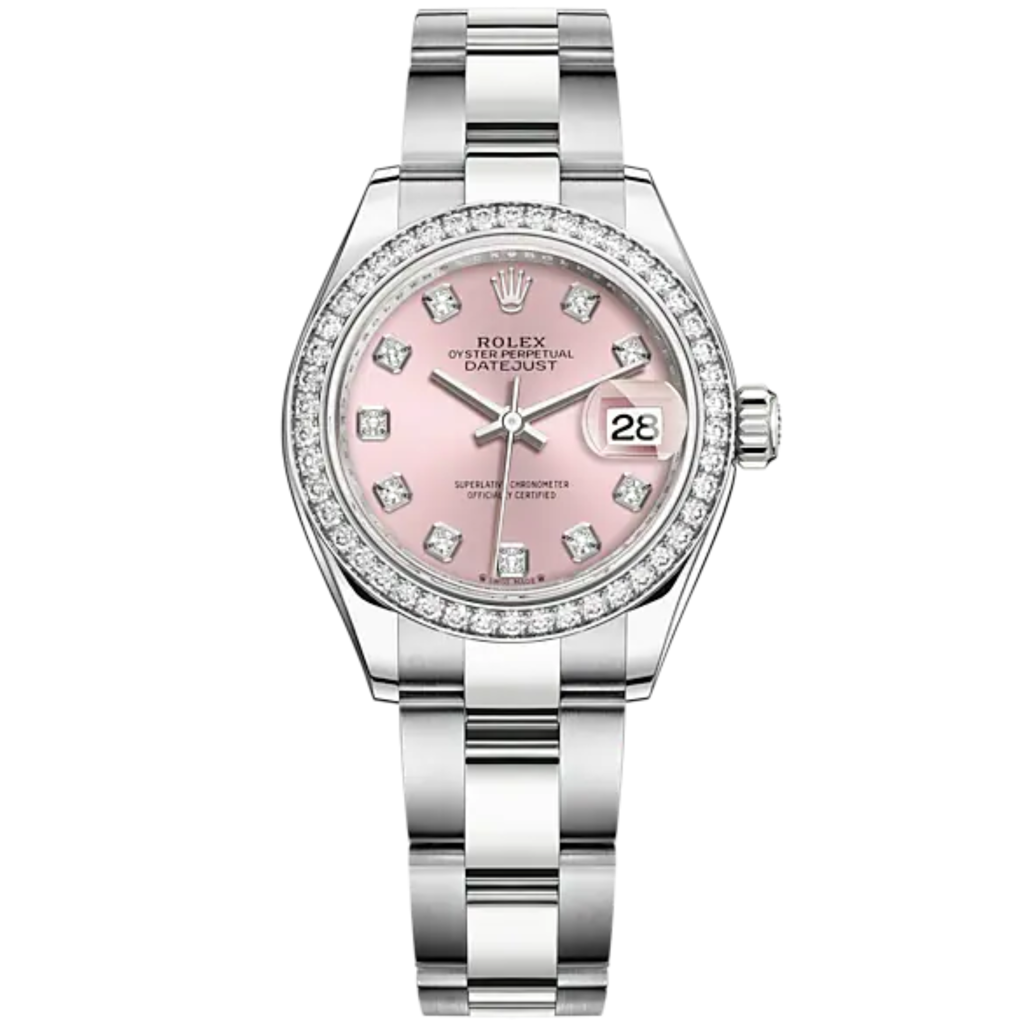 Lady-DateJust 28mm Oyster Oystersteel Bracelet and White Gold with Pink Dial Diamond-Set Dial Diamond-Set Bezel - Rolex