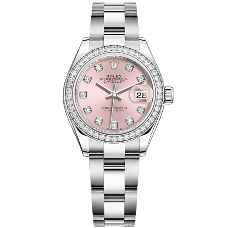 Lady-DateJust 28mm Oyster Oystersteel Bracelet and White Gold with Pink Dial Diamond-Set Dial Diamond-Set Bezel - Rolex