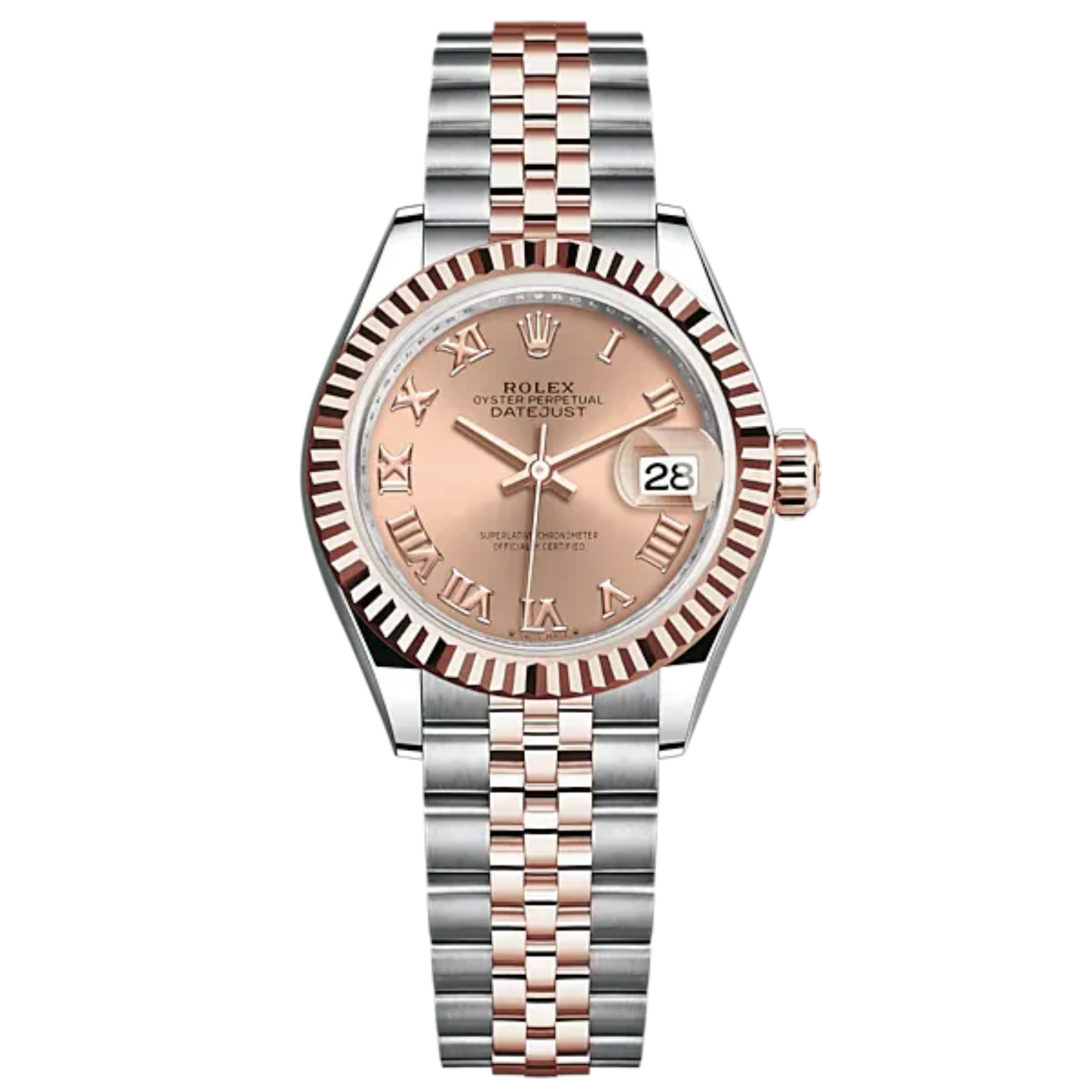 Lady-DateJust 28mm Oystersteel Jubilee Bracelet and Everose Gold with Rosé-Colour Dial Fluted Bezel - Rolex