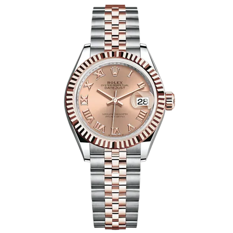 Lady-DateJust 28mm Oystersteel Jubilee Bracelet and Everose Gold with Rosé-Colour Dial Fluted Bezel - Rolex