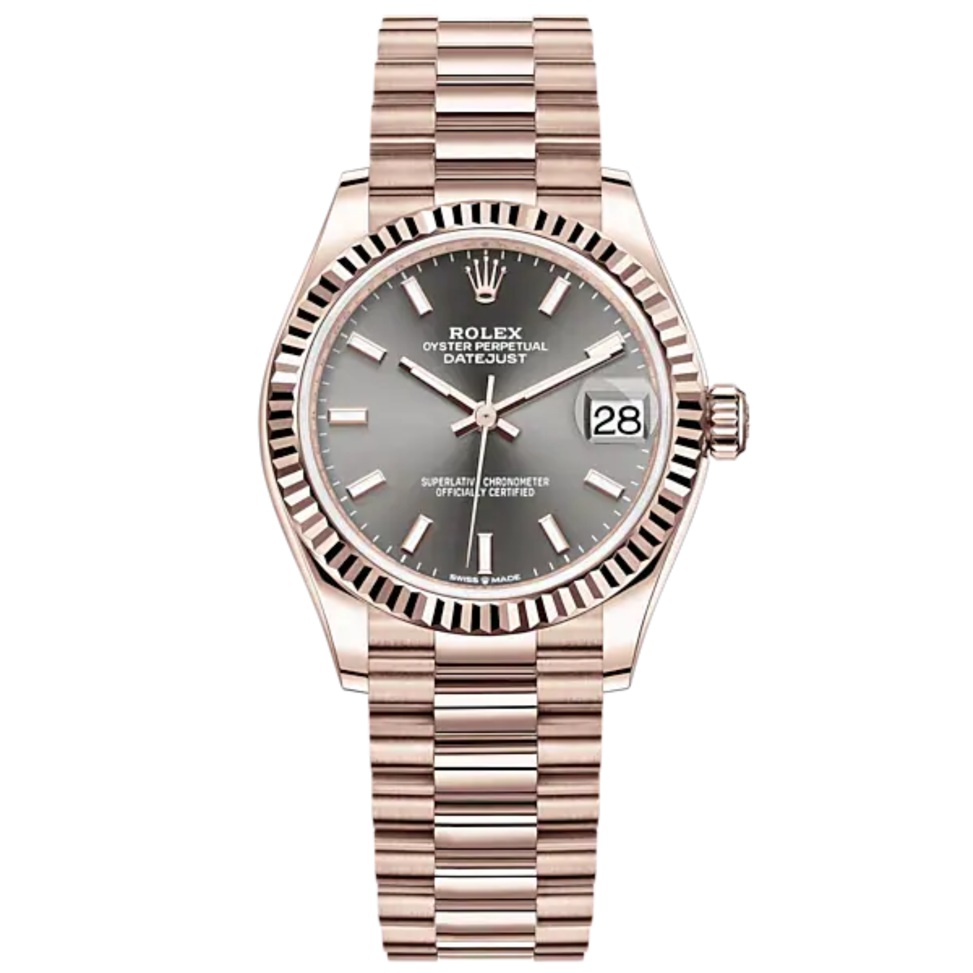 Datejust 31 31mm President Bracelet and 18 CT Everose Gold with Slate Dial Fluted Bezel - Rolex