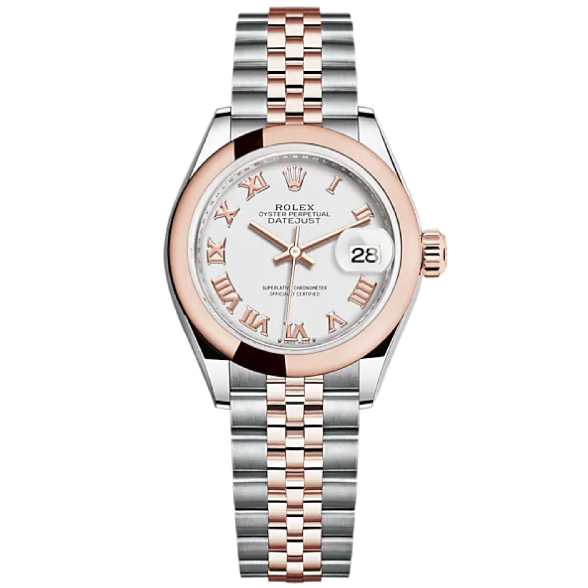 Lady-DateJust 28mm Oystersteel Jubilee Bracelet and Everose Gold with White Dial Domed Bezel - Rolex