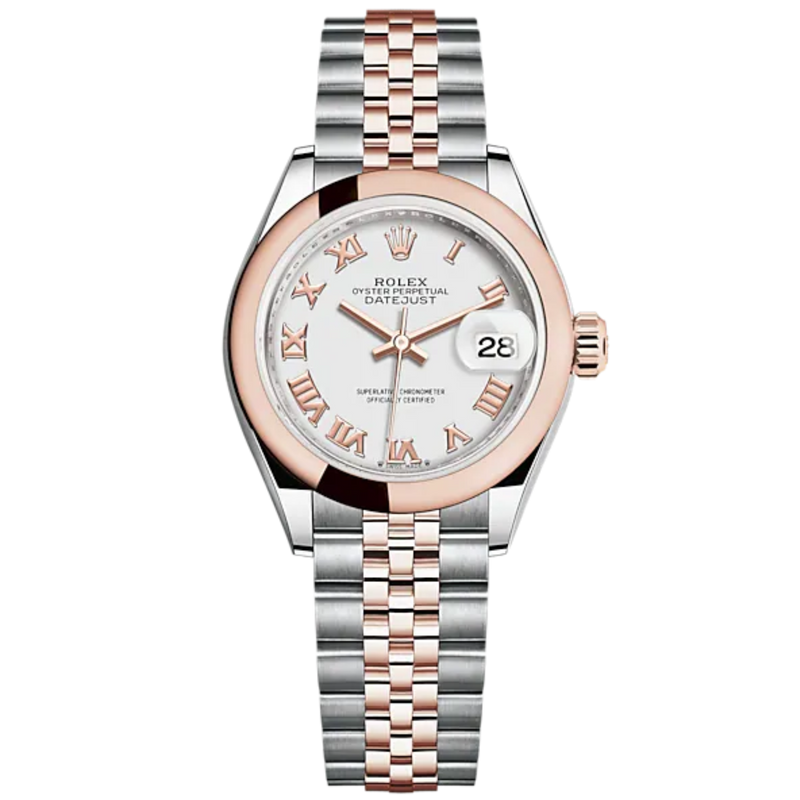 Lady-DateJust 28mm Oystersteel Jubilee Bracelet and Everose Gold with White Dial Domed Bezel - Rolex