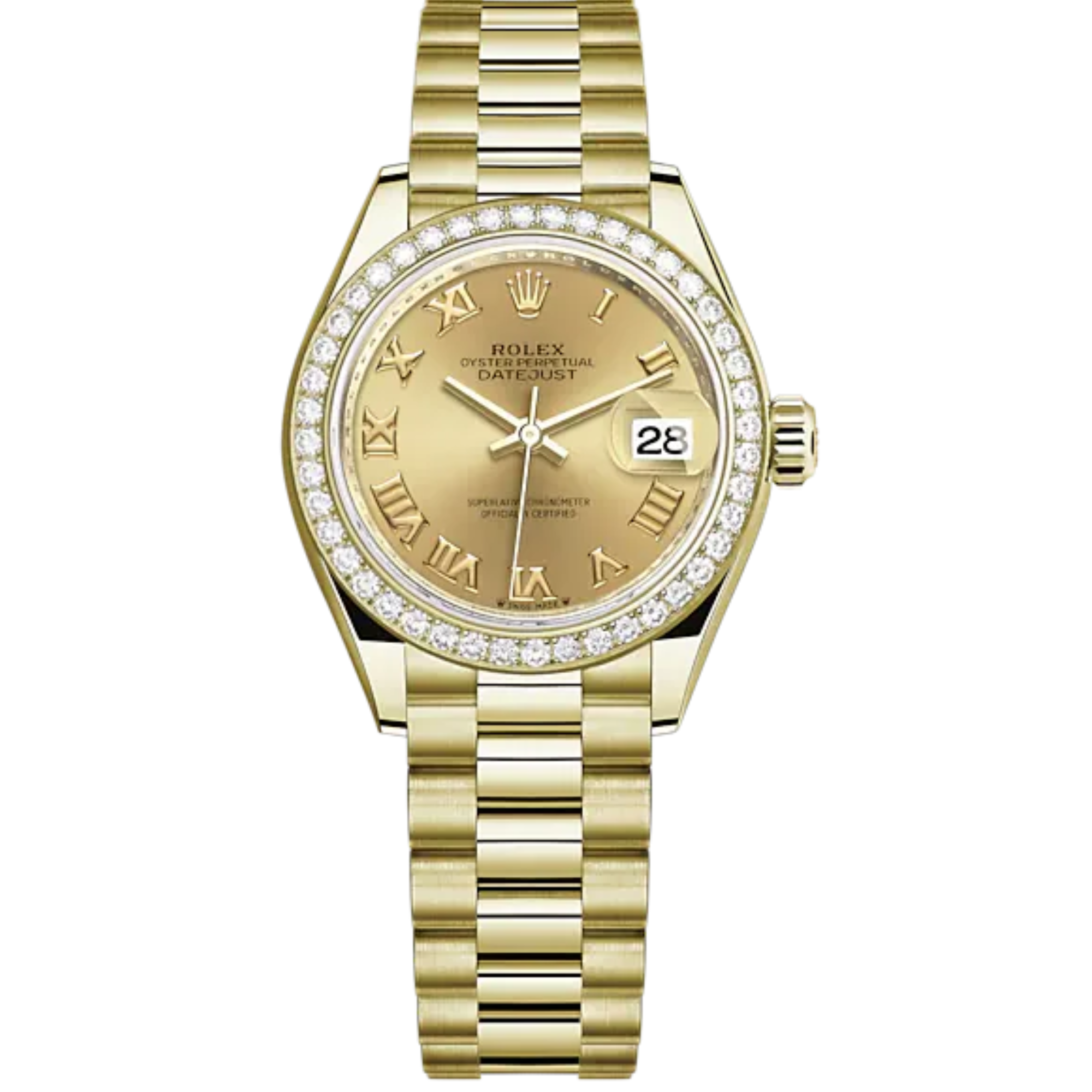 Lady-DateJust 28mm President Bracelet and 18 KT Yellow Gold with Champagne-Colour Roman Dial Diamond-Set Bezel - Rolex
