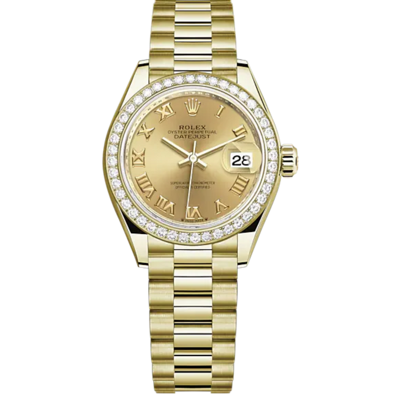 Lady-DateJust 28mm President Bracelet and 18 KT Yellow Gold with Champagne-Colour Roman Dial Diamond-Set Bezel - Rolex